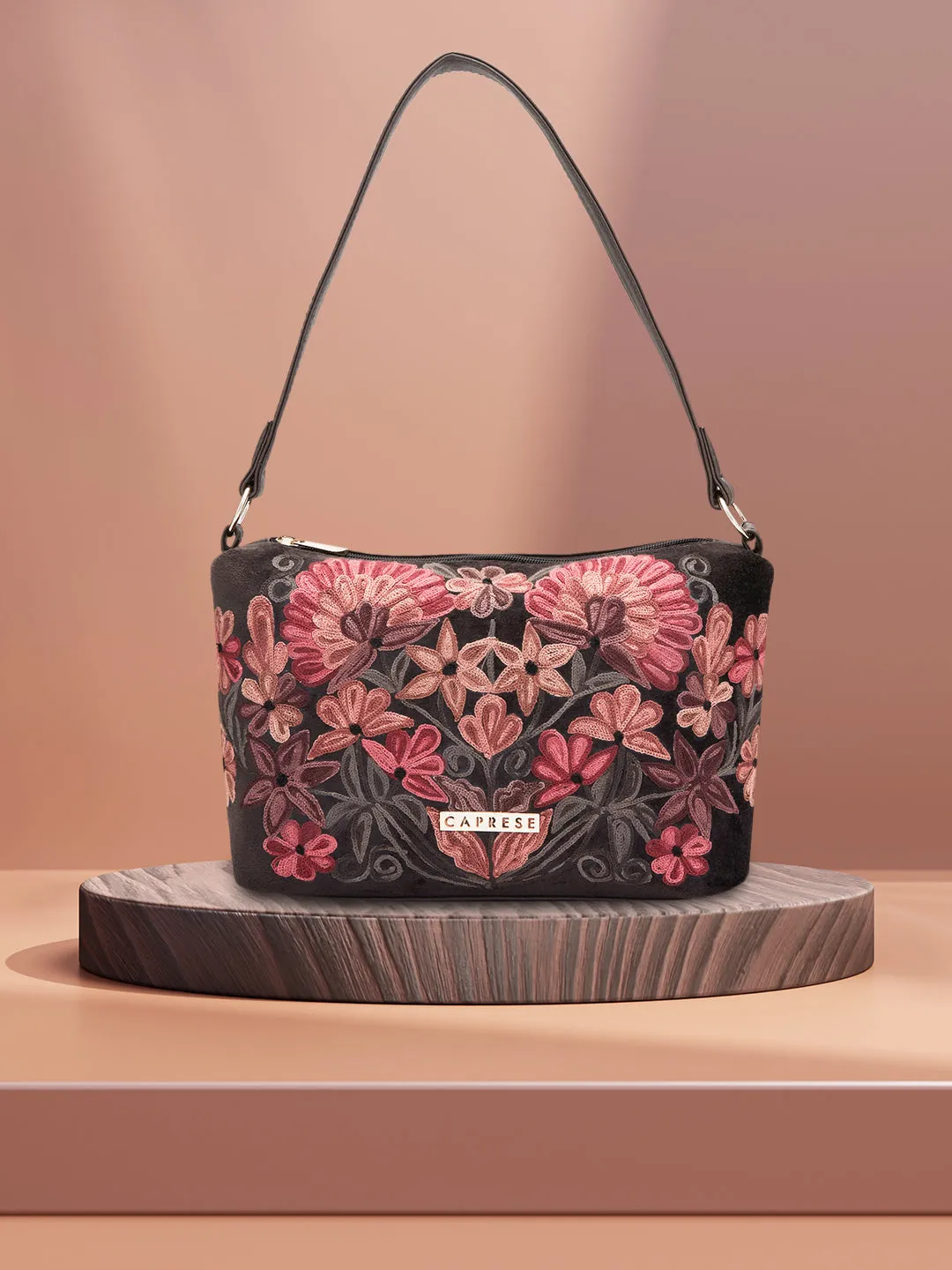 Caprese Tresna Embroidery Brown Crossbody Bag