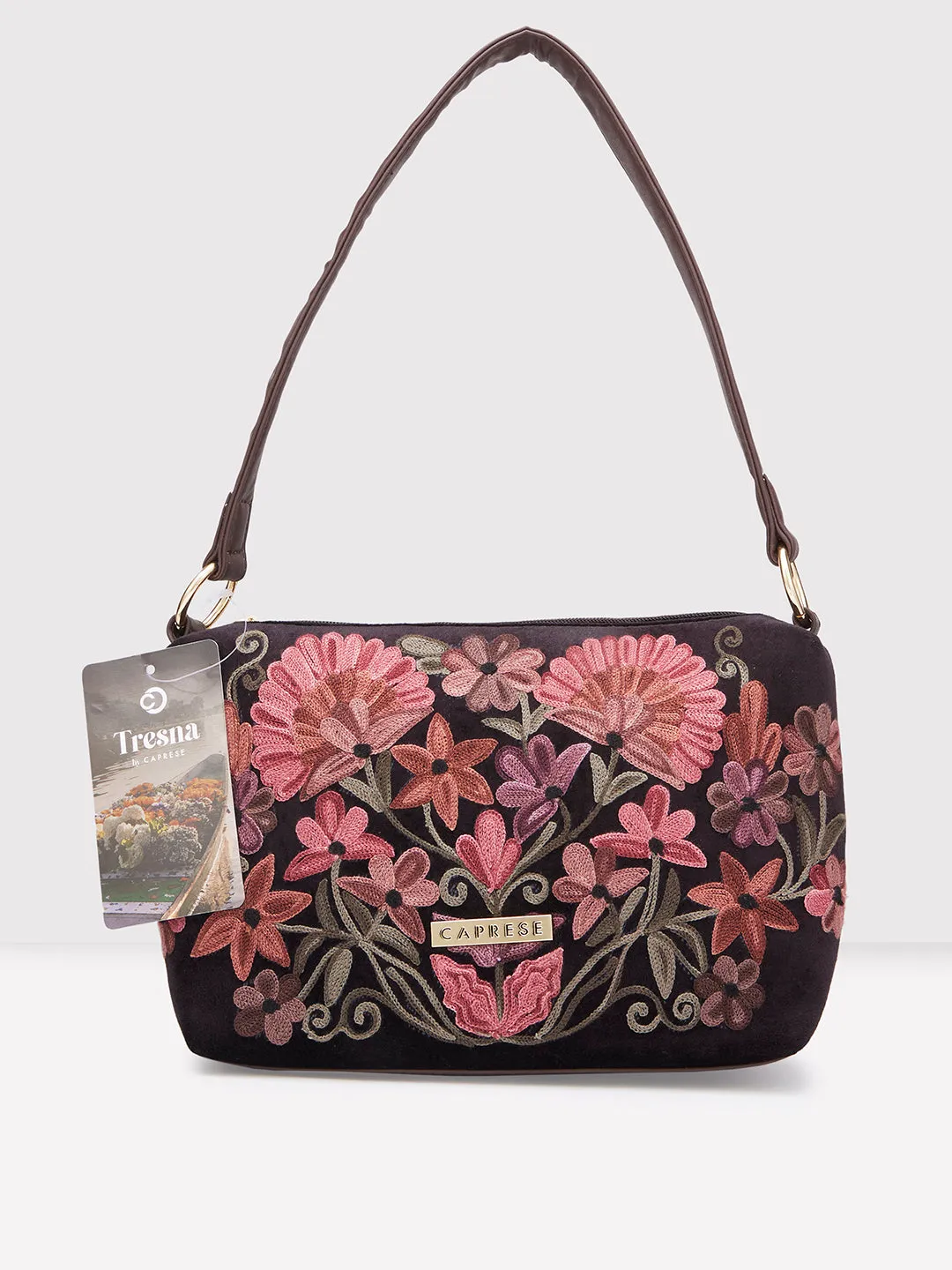 Caprese Tresna Embroidery Brown Crossbody Bag