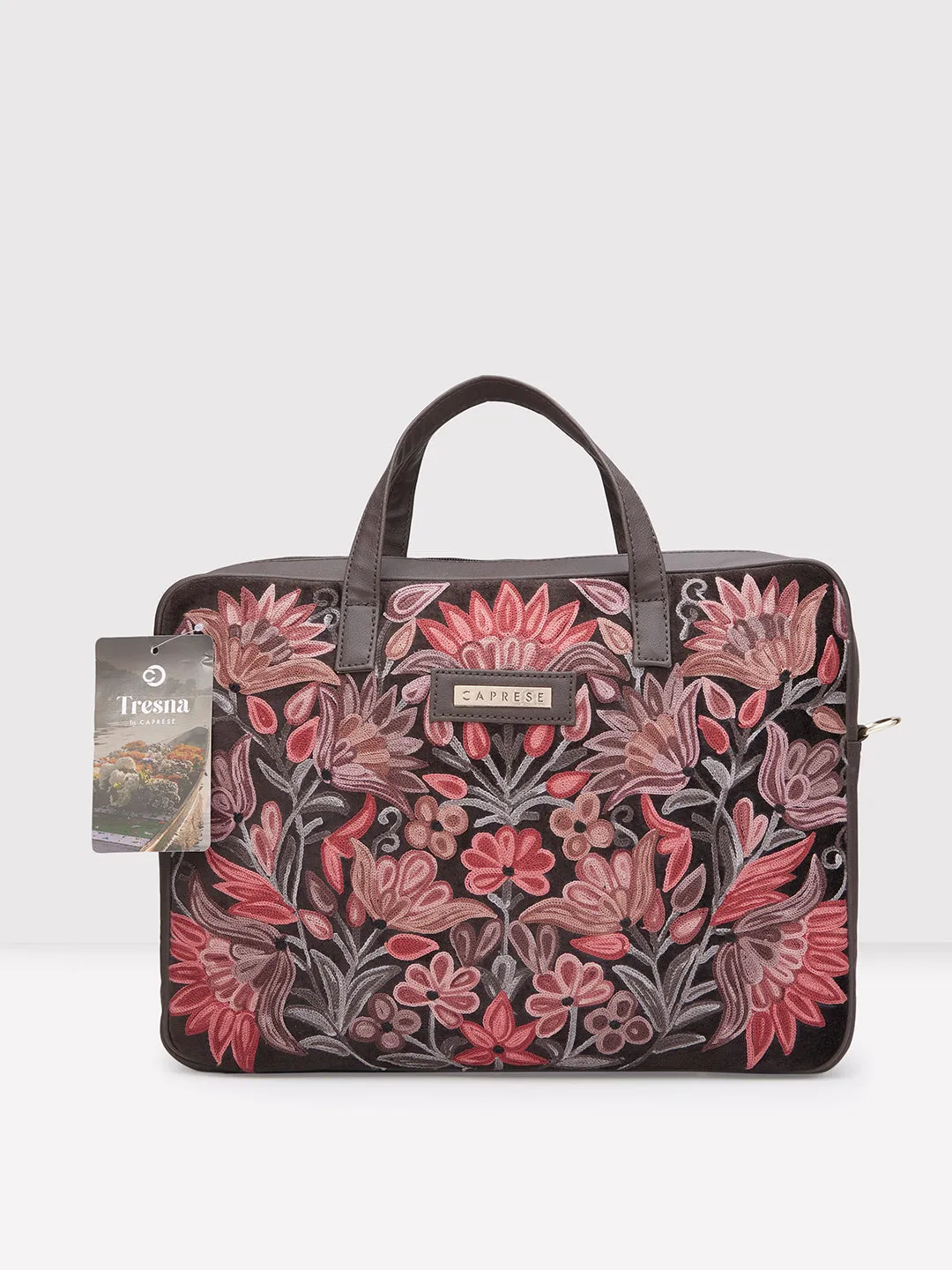 Caprese Tresna Embroidery Brown Laptop Tote