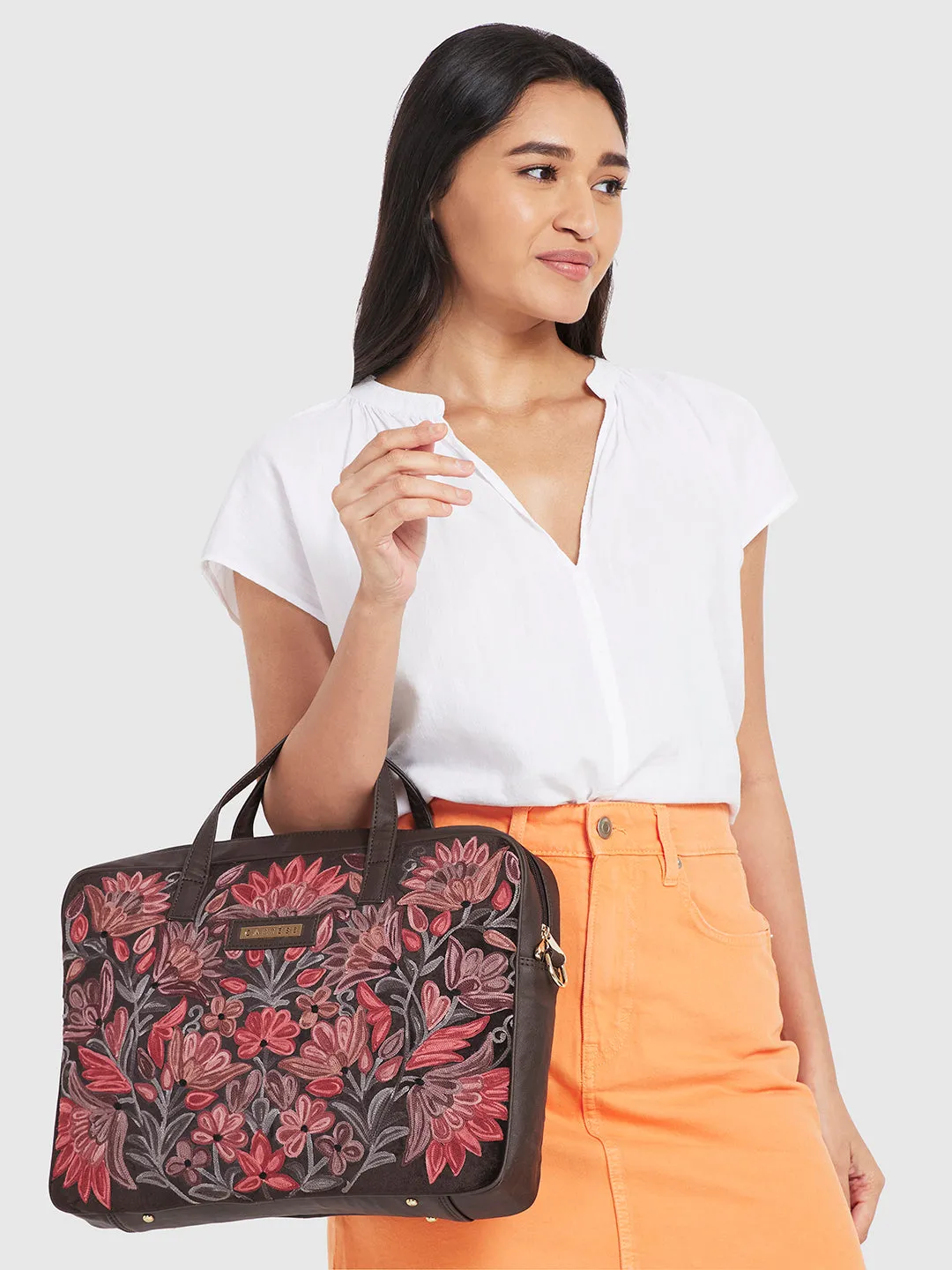 Caprese Tresna Embroidery Brown Laptop Tote