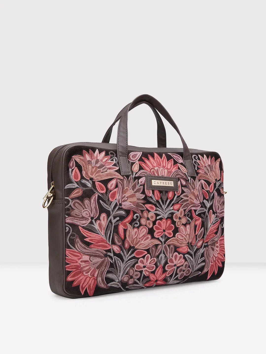 Caprese Tresna Embroidery Brown Laptop Tote