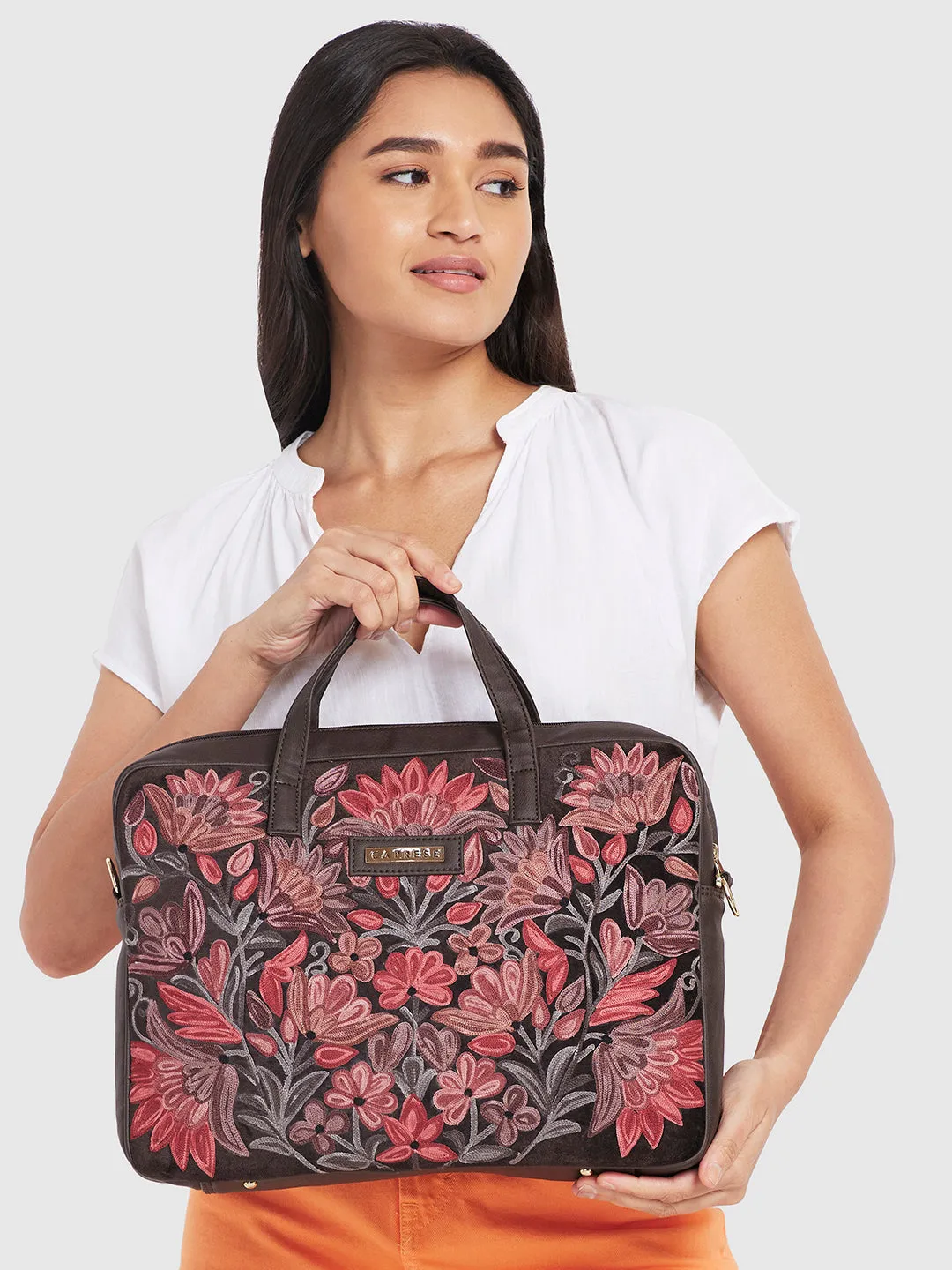 Caprese Tresna Embroidery Brown Laptop Tote
