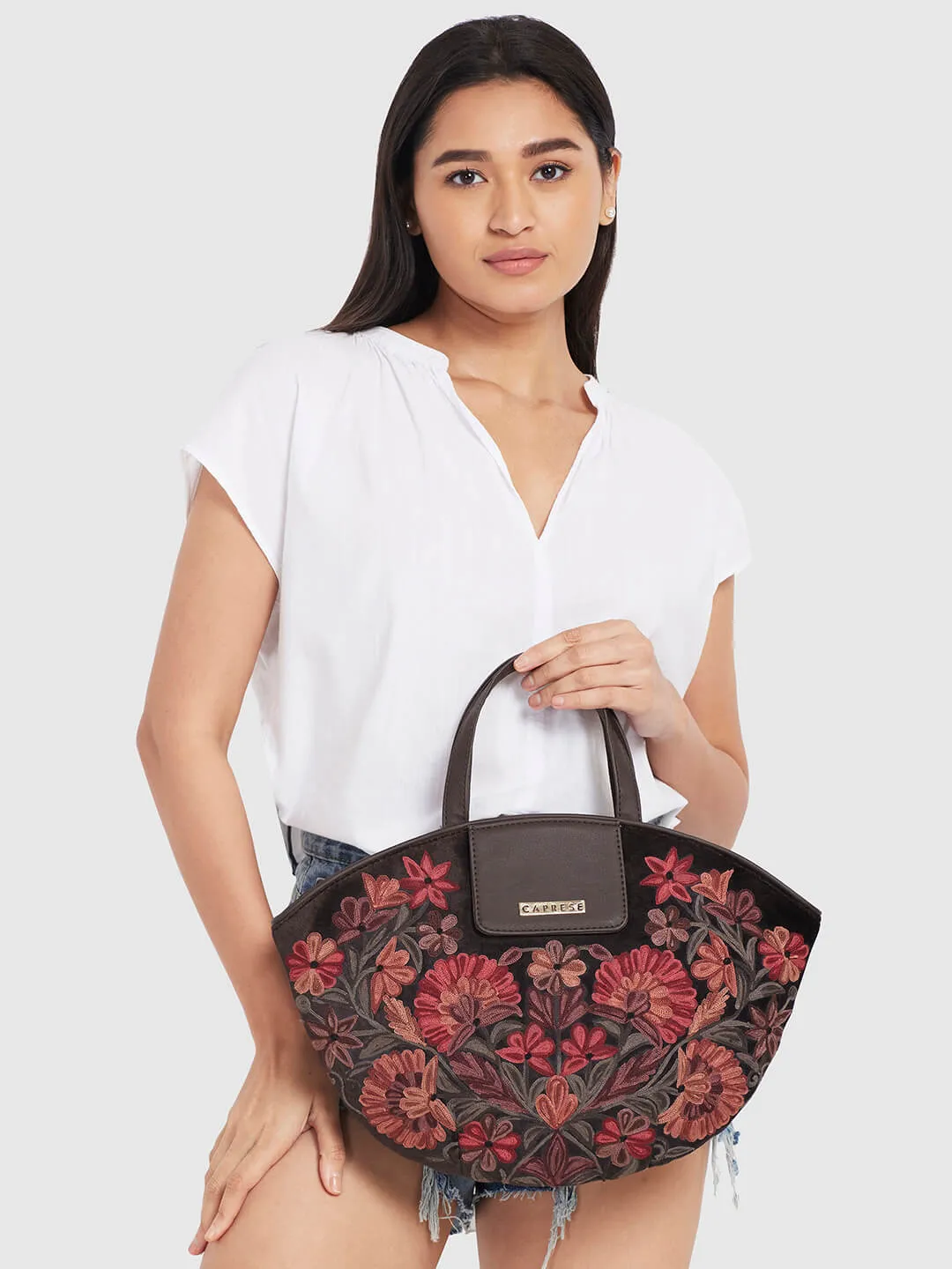 Caprese Tresna Embroidery Brown Tote Handbag