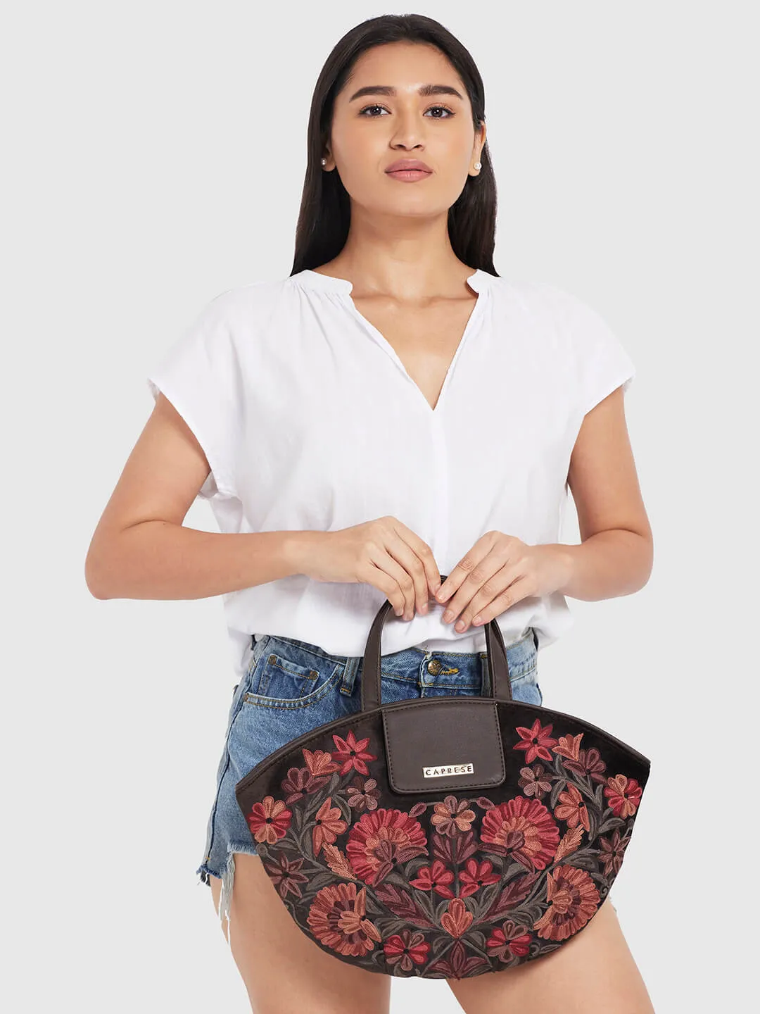 Caprese Tresna Embroidery Brown Tote Handbag