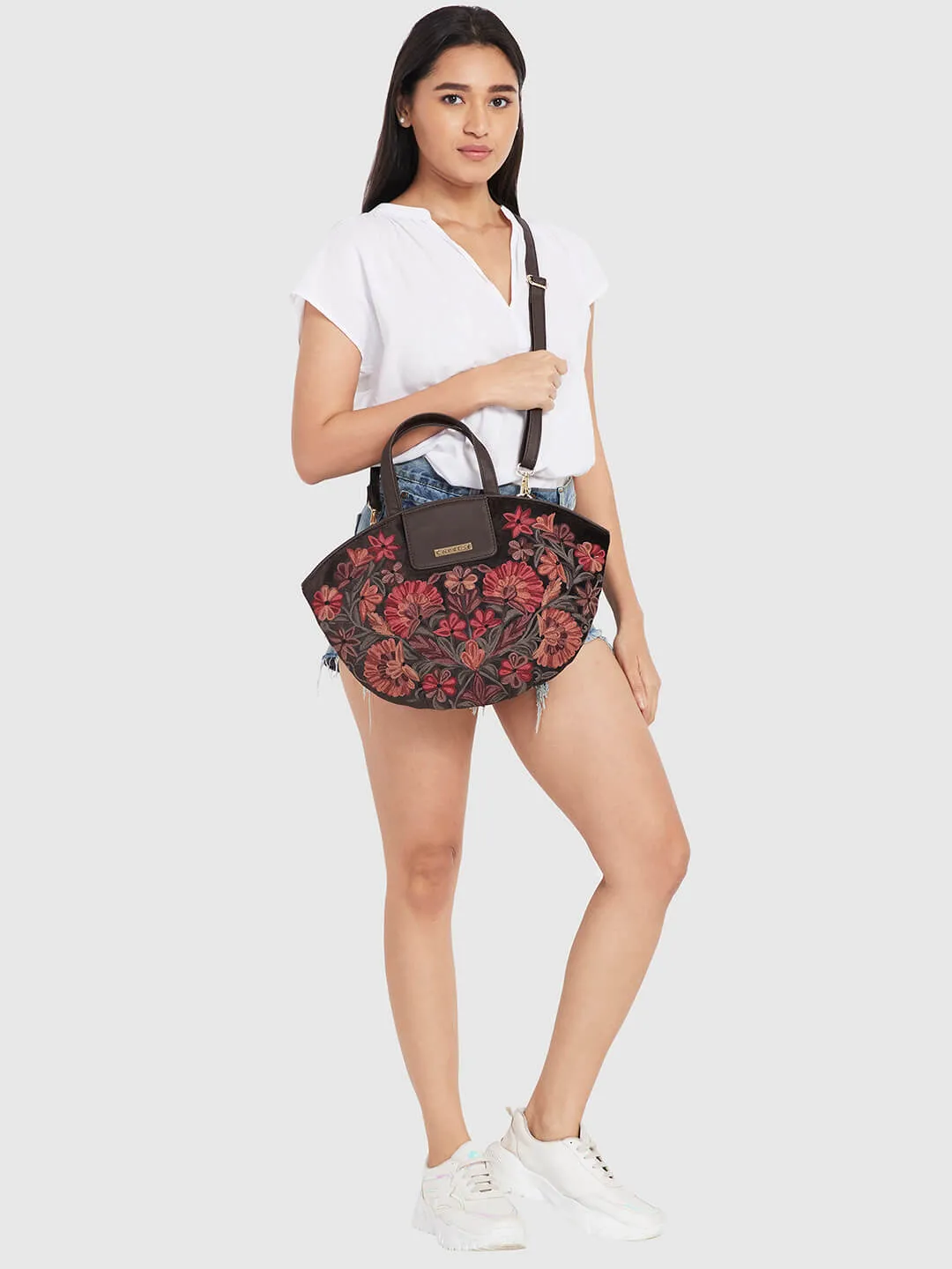 Caprese Tresna Embroidery Brown Tote Handbag