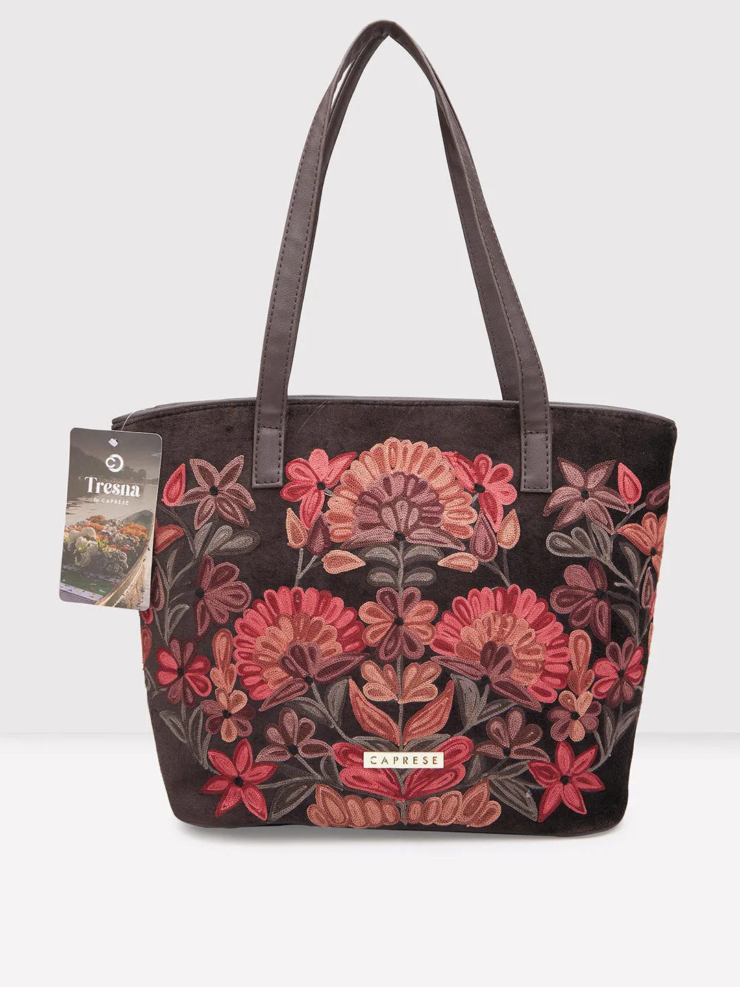 Caprese Tresna Embroidery Brown Tote Handbag