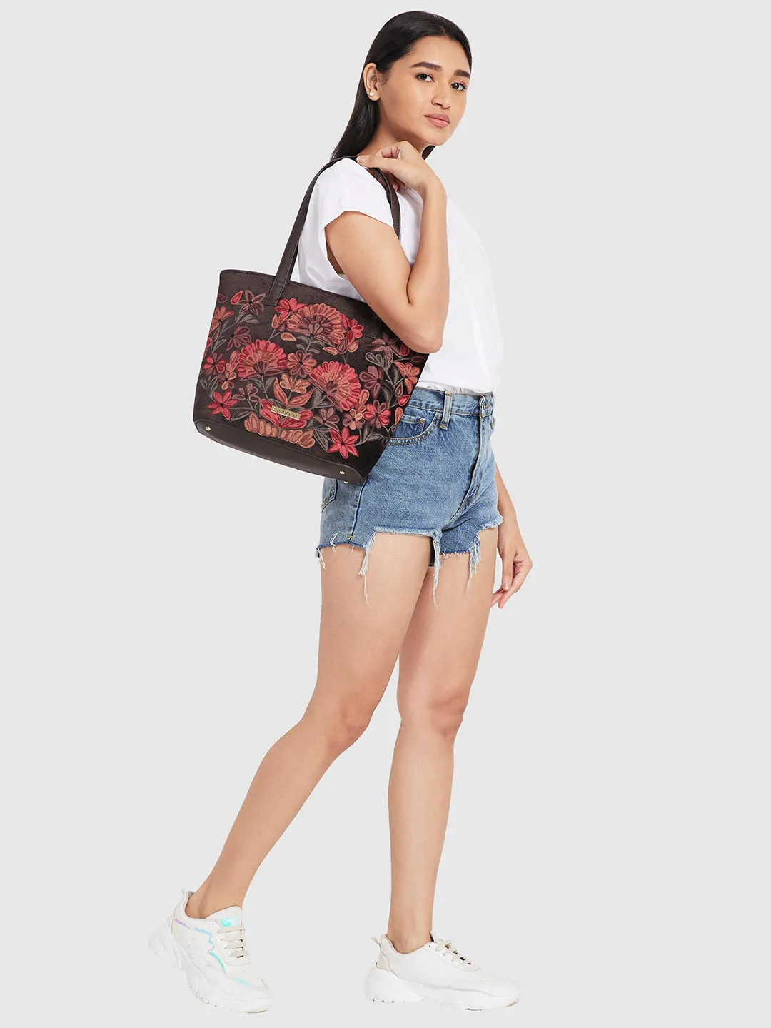 Caprese Tresna Embroidery Brown Tote Handbag