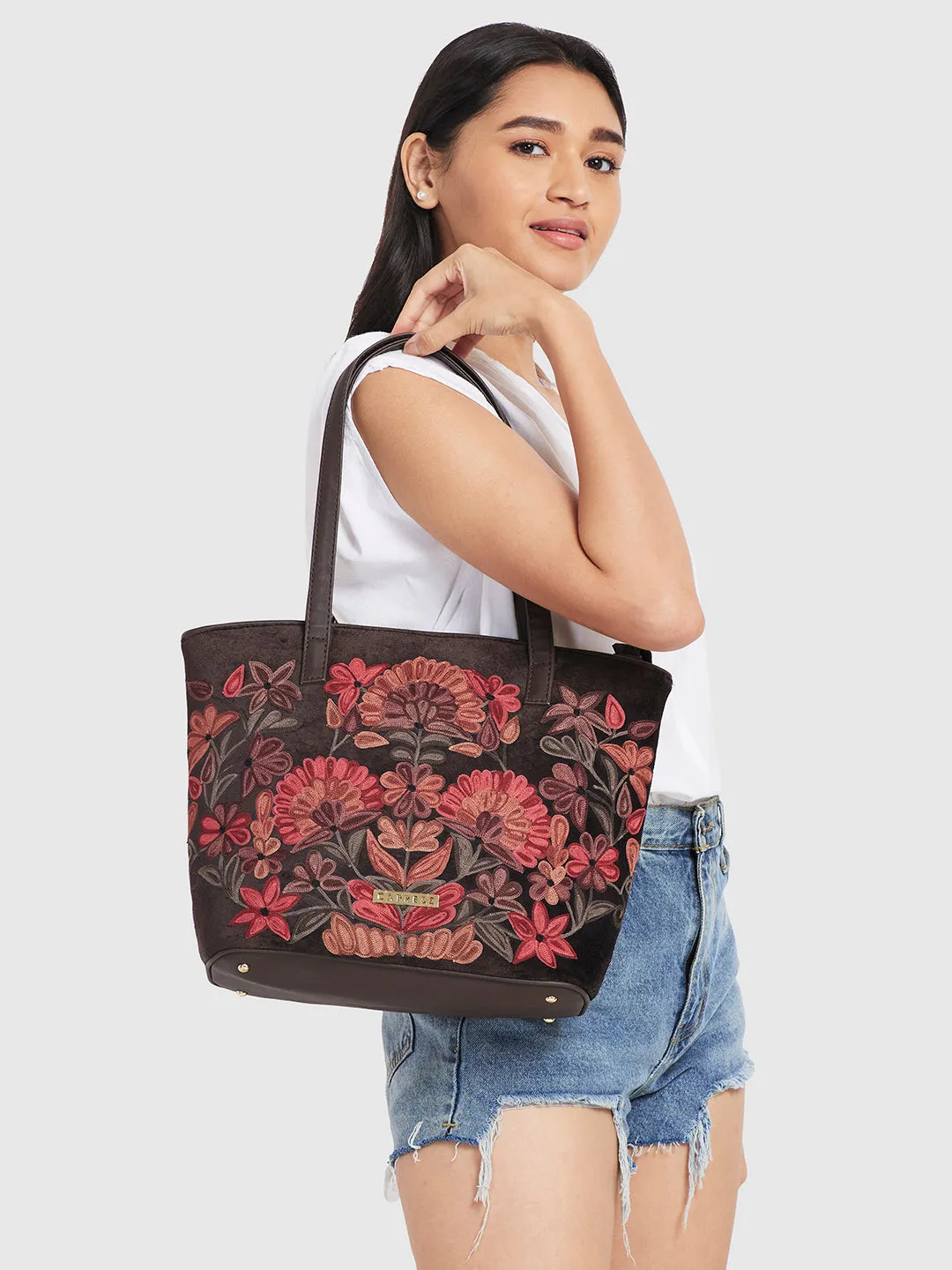 Caprese Tresna Embroidery Brown Tote Handbag