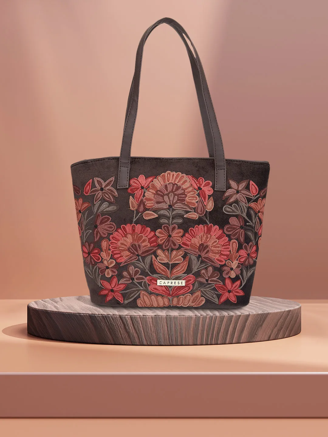 Caprese Tresna Embroidery Brown Tote Handbag