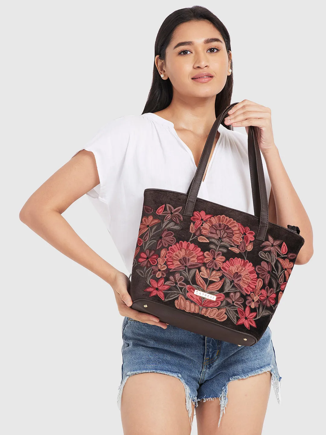 Caprese Tresna Embroidery Brown Tote Handbag