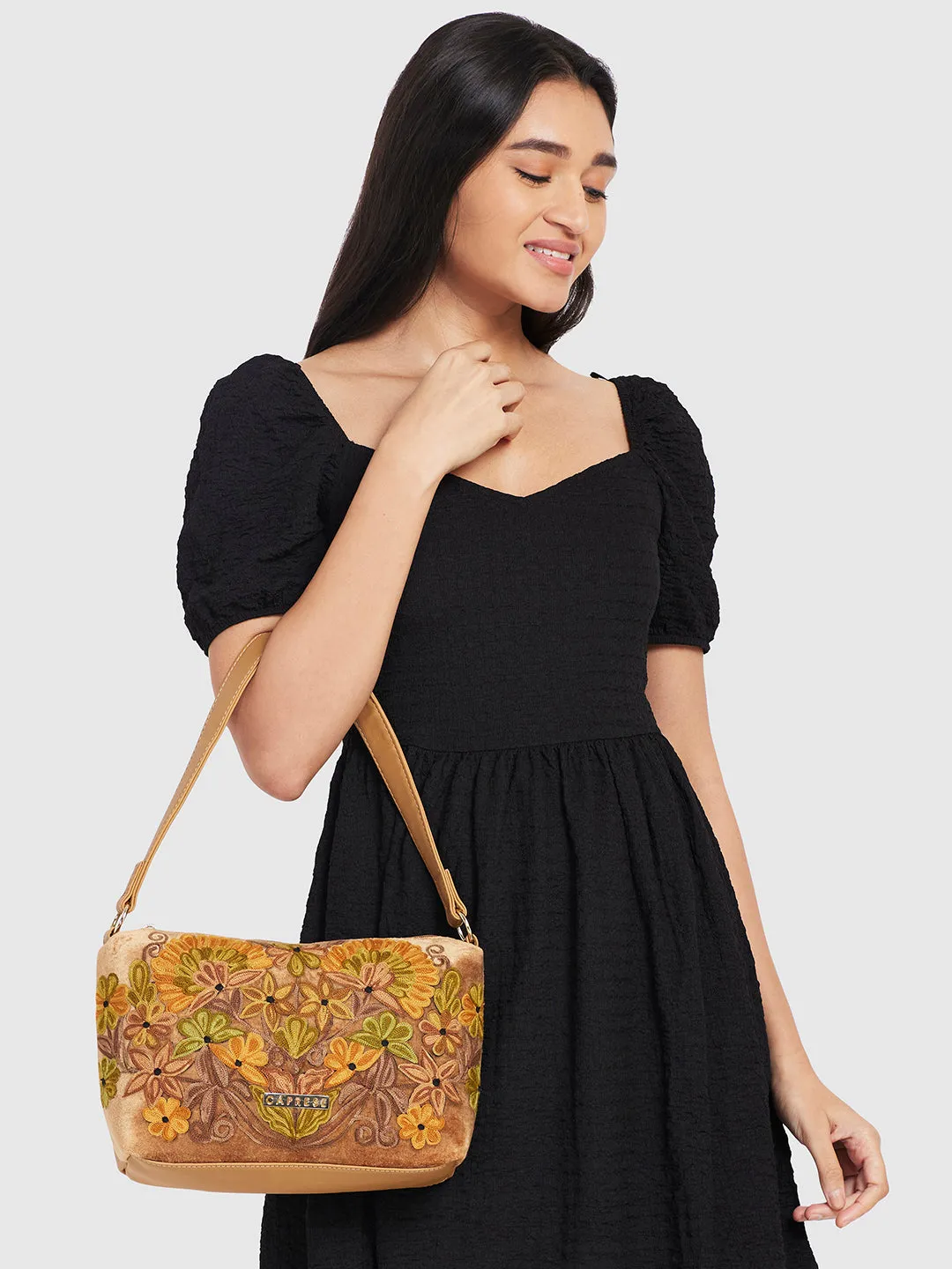 Caprese Tresna Embroidery Fawn Crossbody Bag