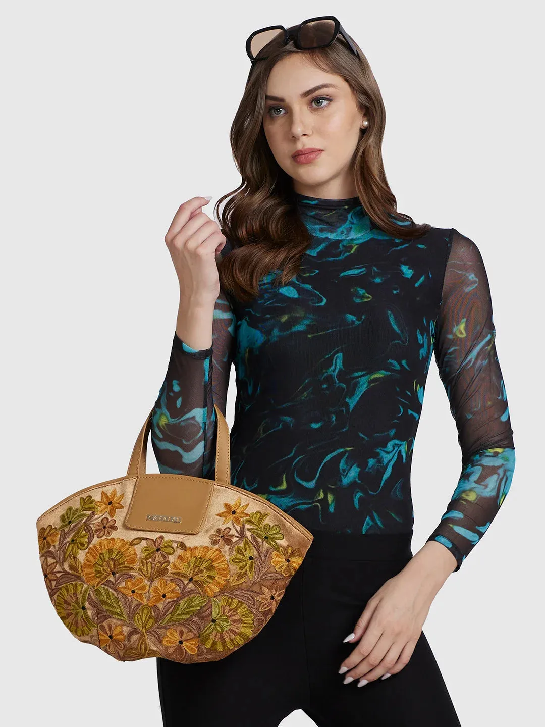 Caprese Tresna Embroidery Fawn Tote Handbag