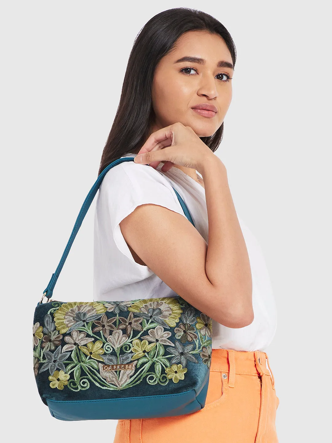 Caprese Tresna Embroidery Green Crossbody Bag
