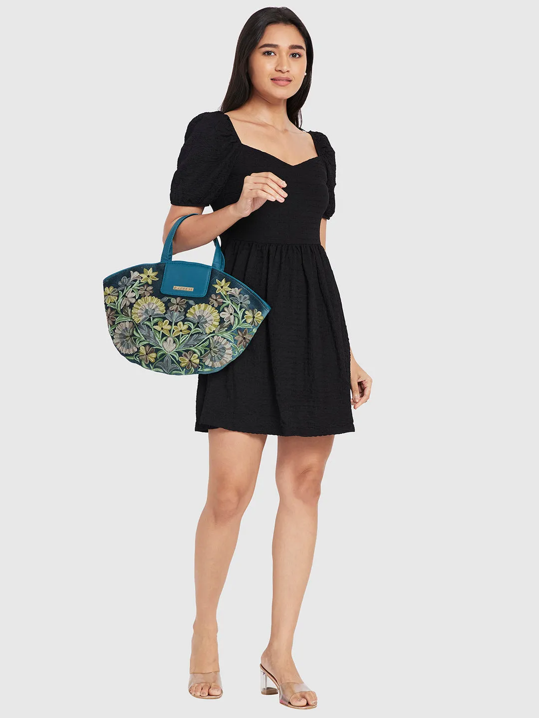 Caprese Tresna Embroidery Green Tote Handbag