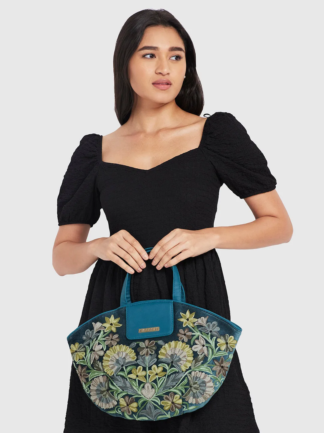 Caprese Tresna Embroidery Green Tote Handbag