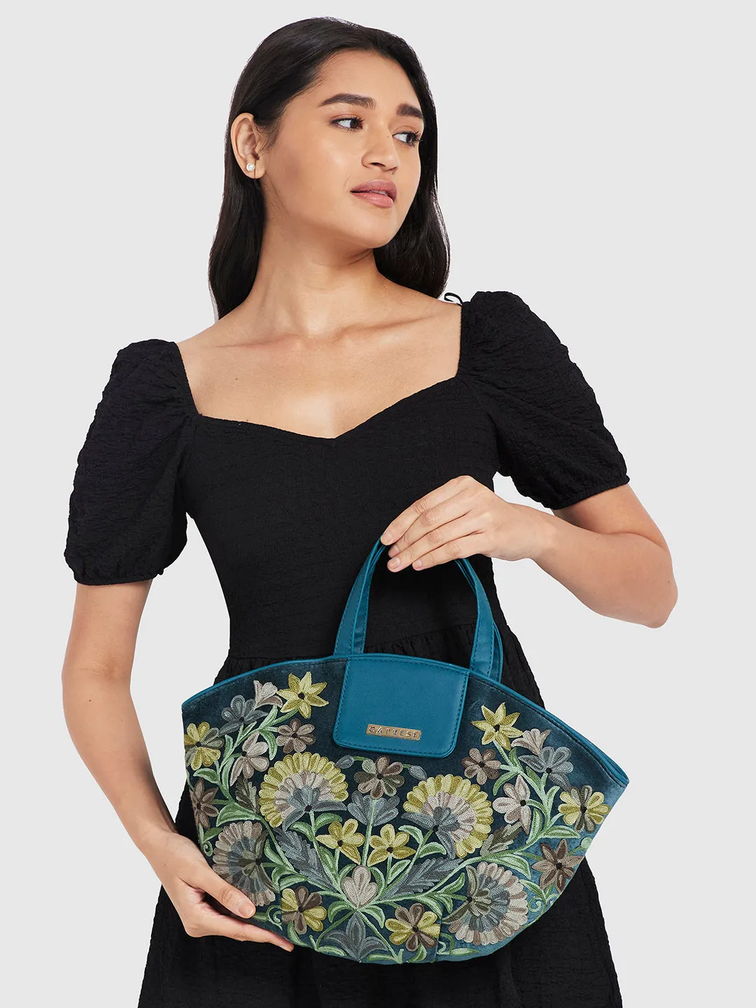Caprese Tresna Embroidery Green Tote Handbag