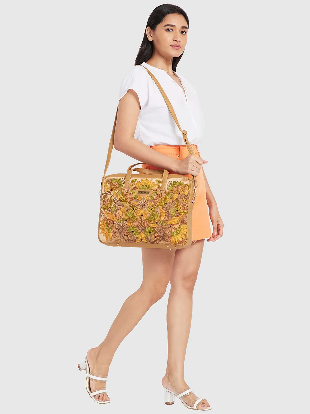Caprese Tresna Embroidery Large Fawn Laptop Tote