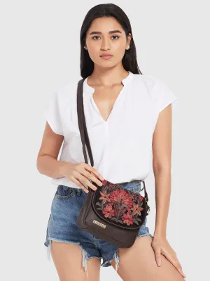 Caprese Tresna Large Embroidery Brown Sling Bag