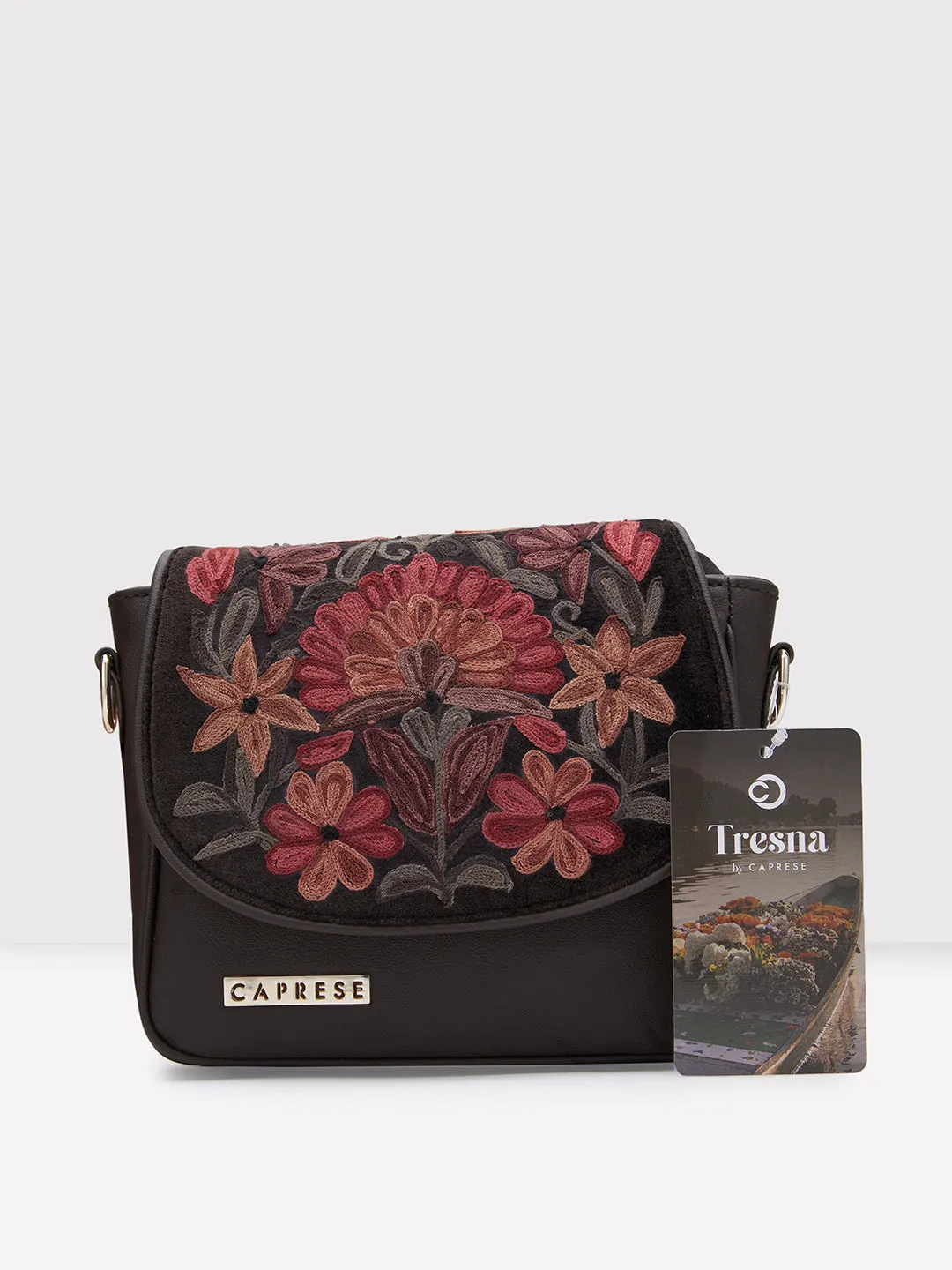 Caprese Tresna Large Embroidery Brown Sling Bag