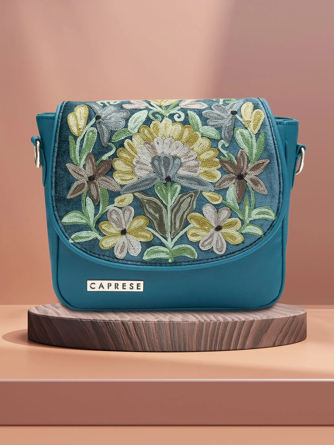 Caprese Tresna Large Embroidery Green Sling Bag