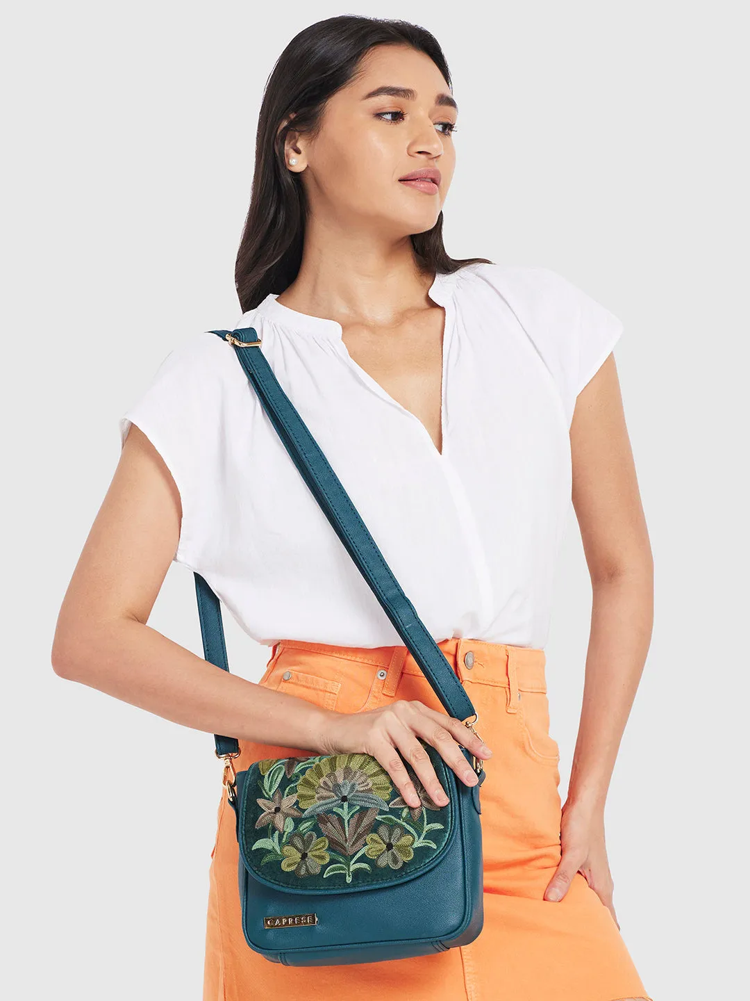 Caprese Tresna Large Embroidery Green Sling Bag