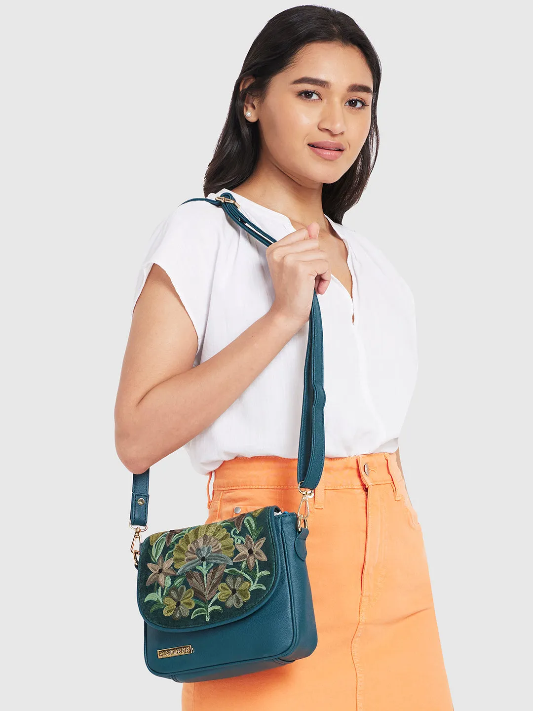 Caprese Tresna Large Embroidery Green Sling Bag