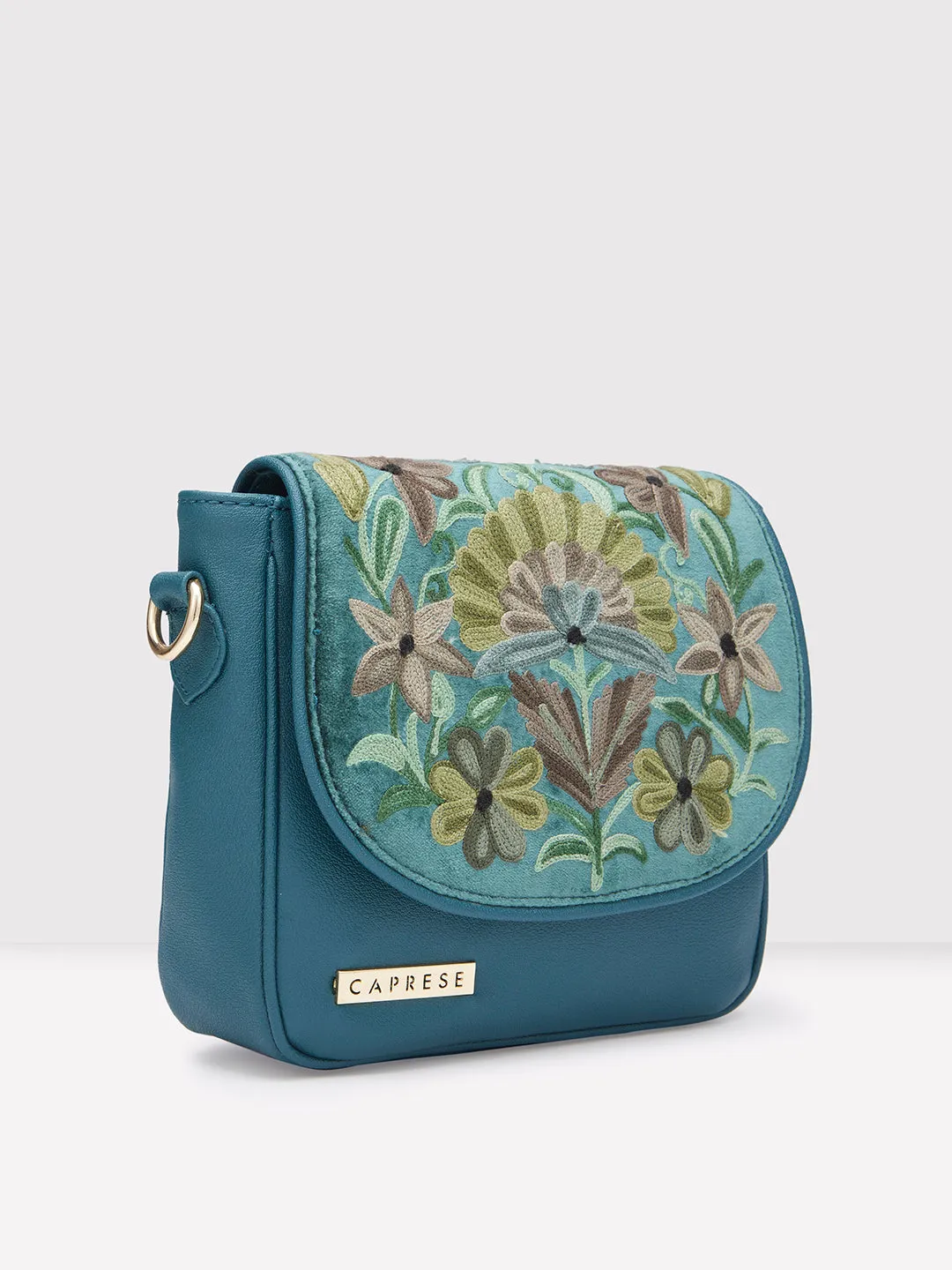Caprese Tresna Large Embroidery Green Sling Bag