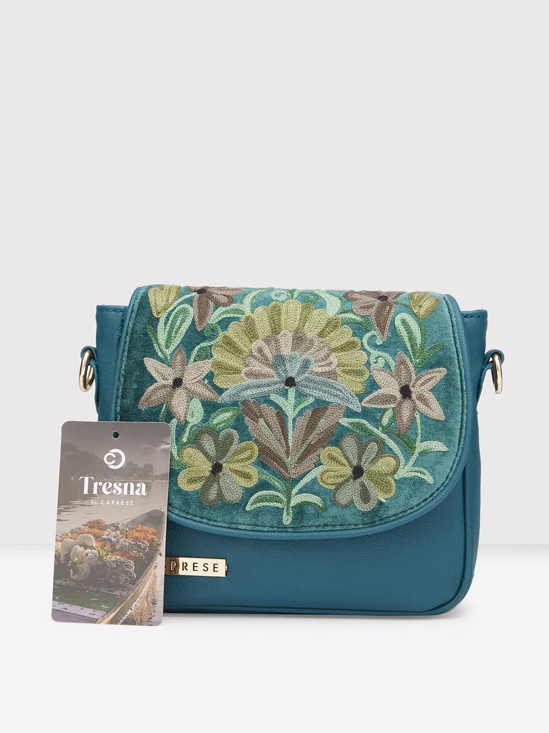 Caprese Tresna Large Embroidery Green Sling Bag