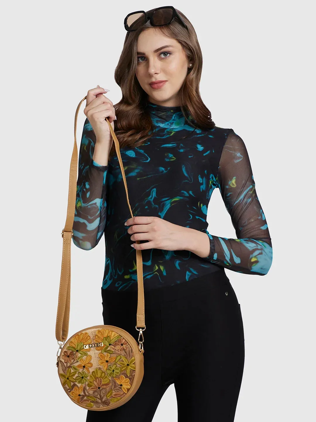 Caprese Tresna Medium Embroidery Fawn Sling Bag