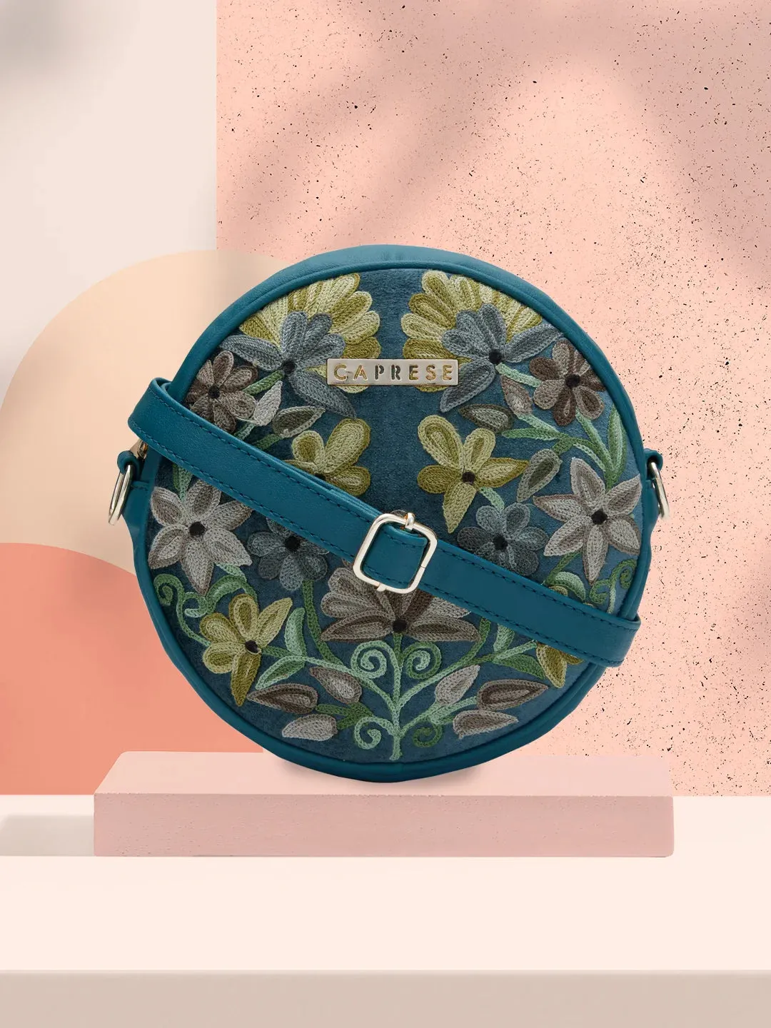 Caprese Tresna Medium Embroidery Green Sling Bag
