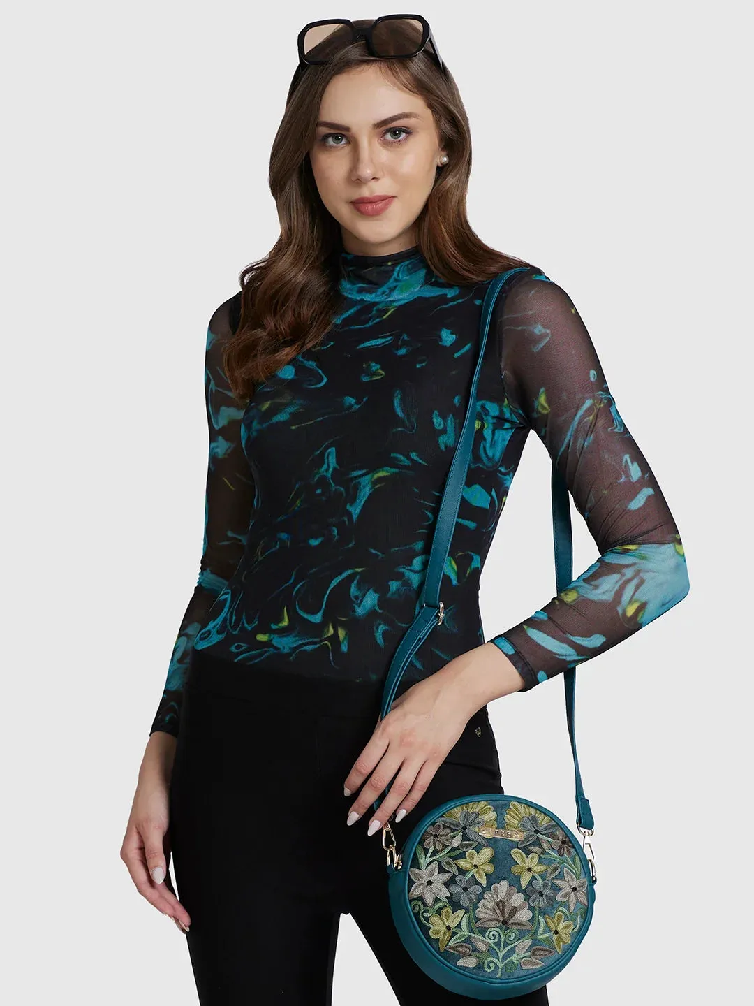 Caprese Tresna Medium Embroidery Green Sling Bag