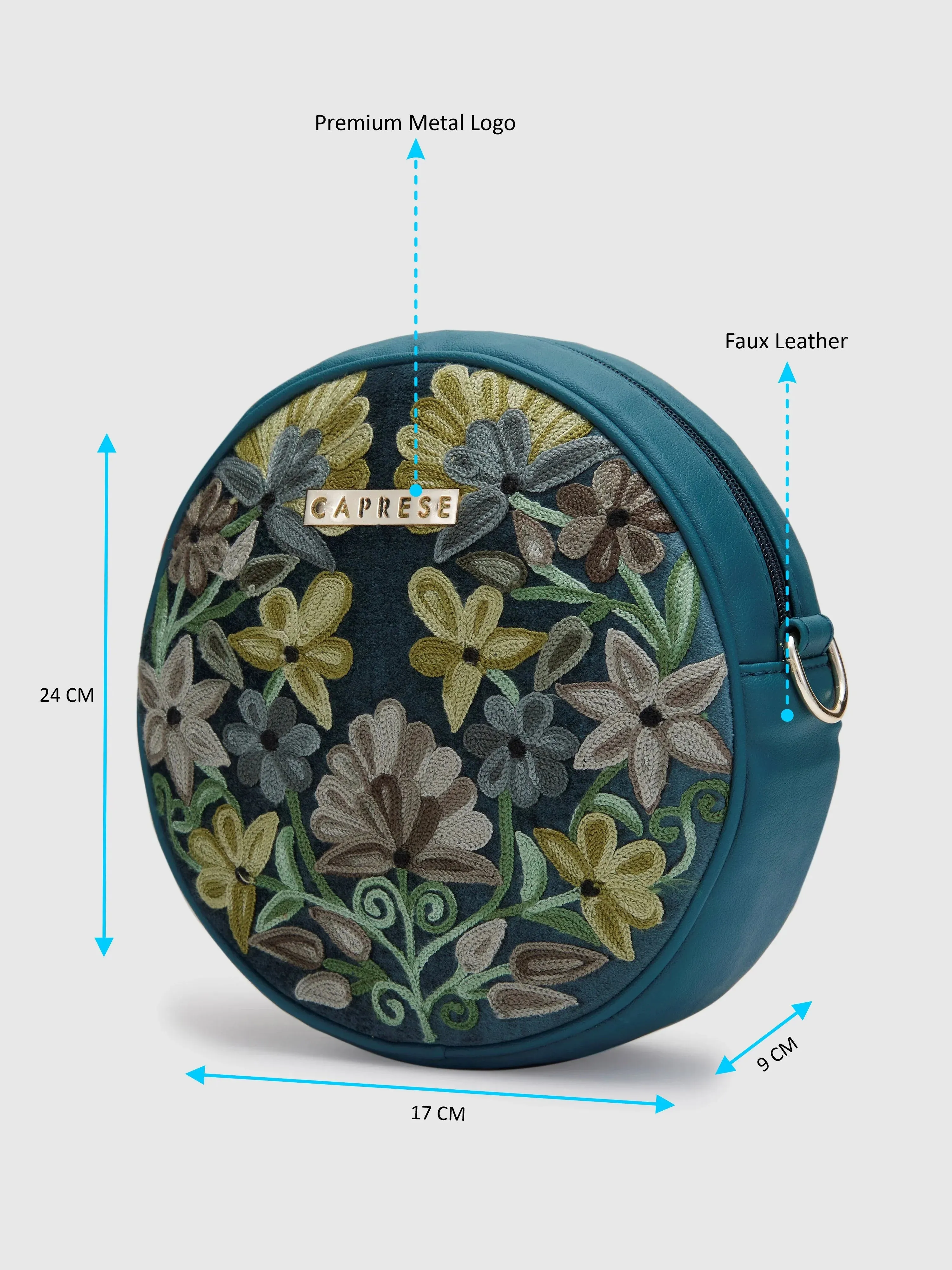 Caprese Tresna Medium Embroidery Green Sling Bag
