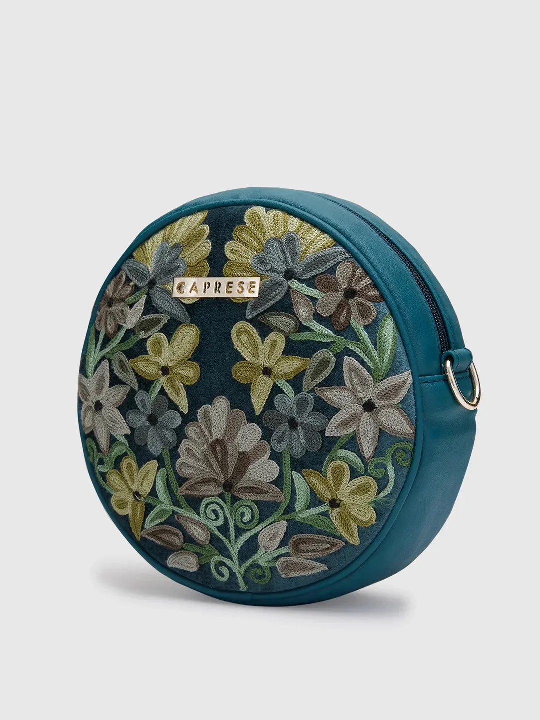Caprese Tresna Medium Embroidery Green Sling Bag