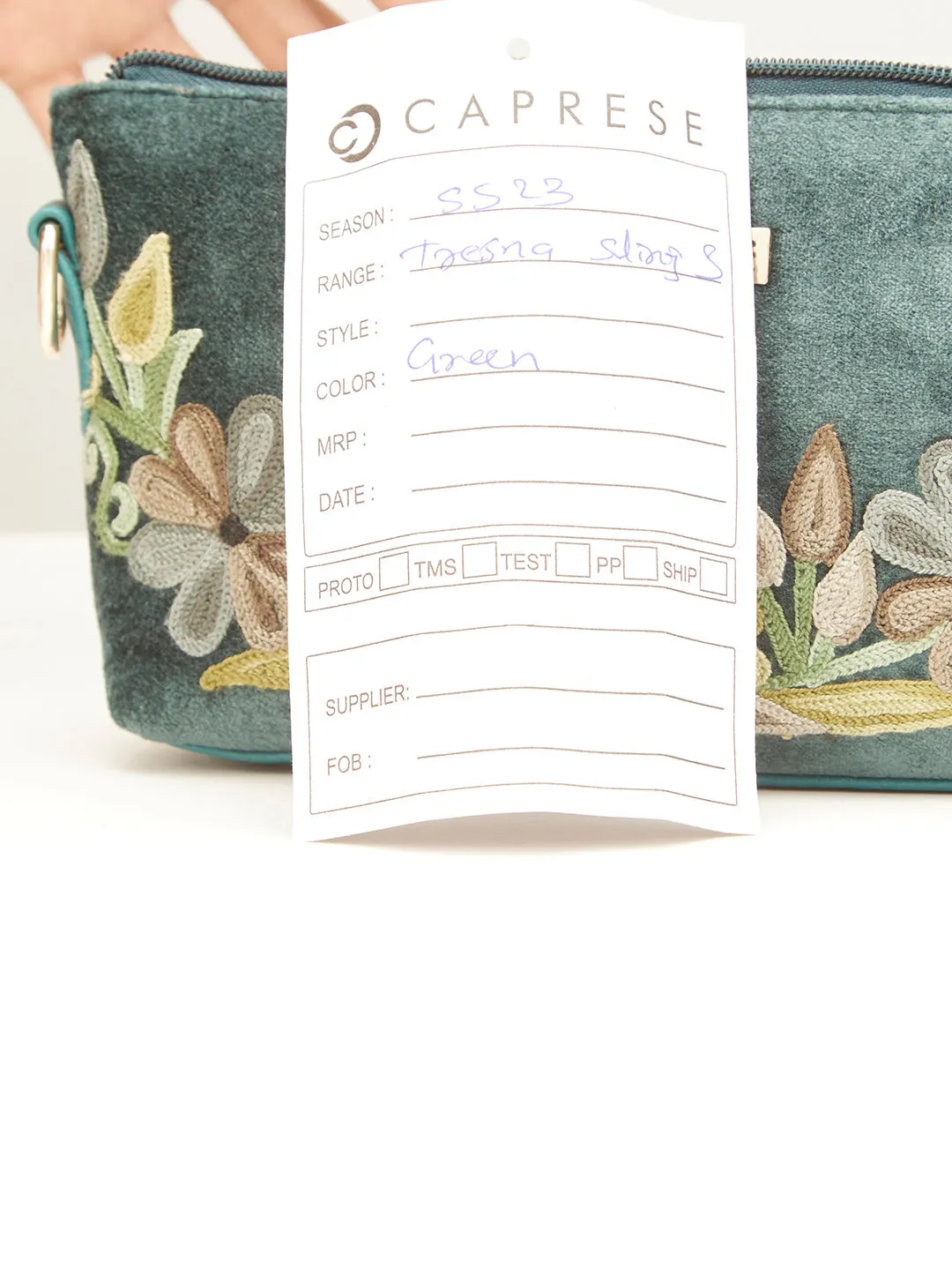 Caprese Tresna Small Embroidery Green Sling Bag