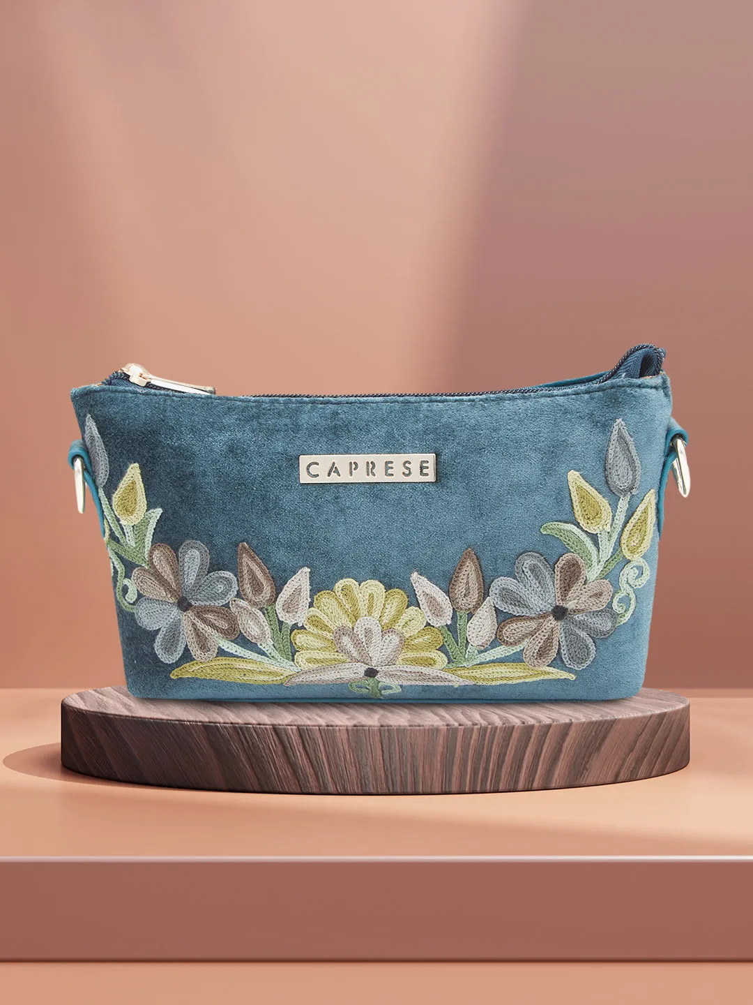 Caprese Tresna Small Embroidery Green Sling Bag