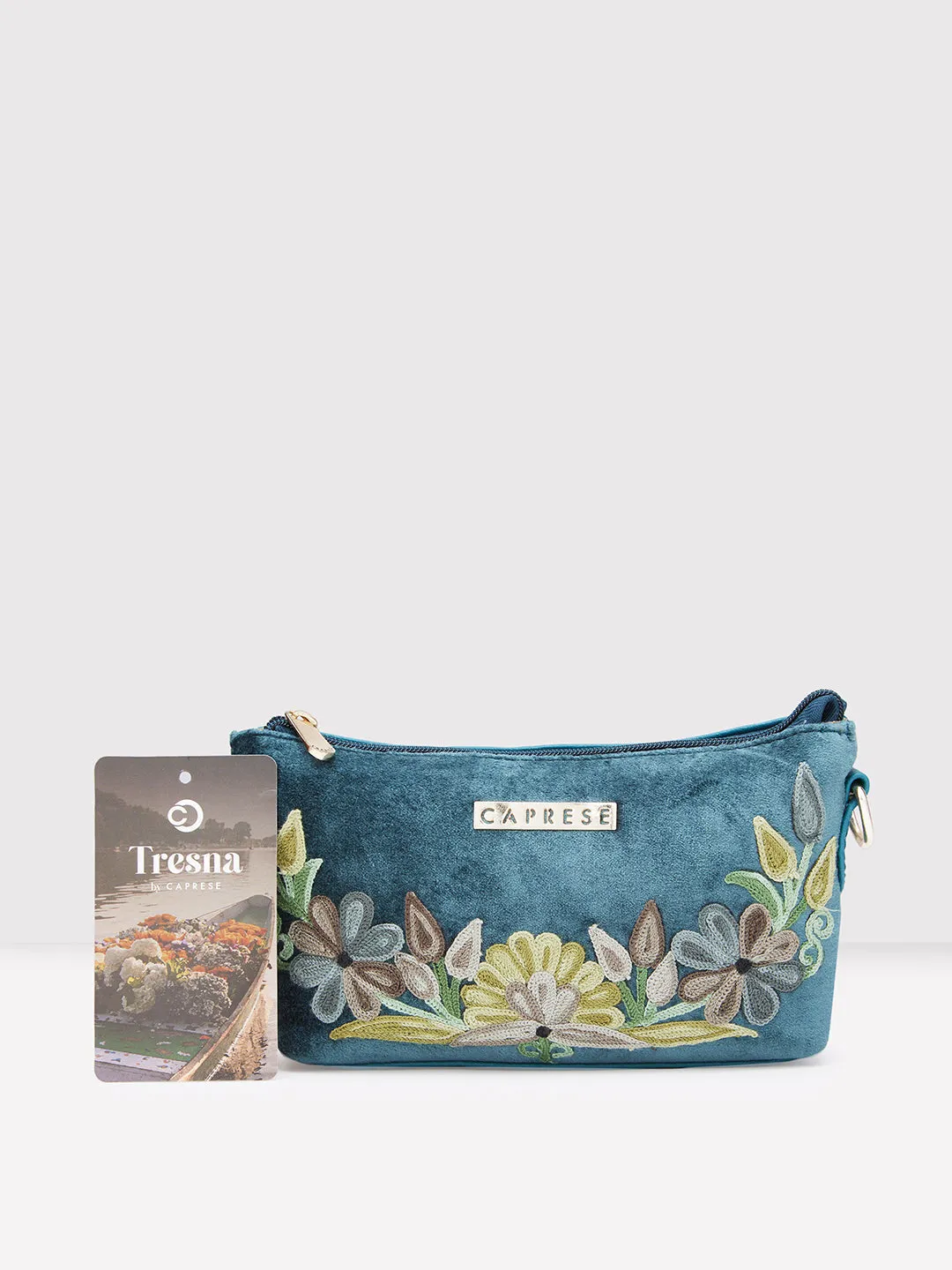 Caprese Tresna Small Embroidery Green Sling Bag