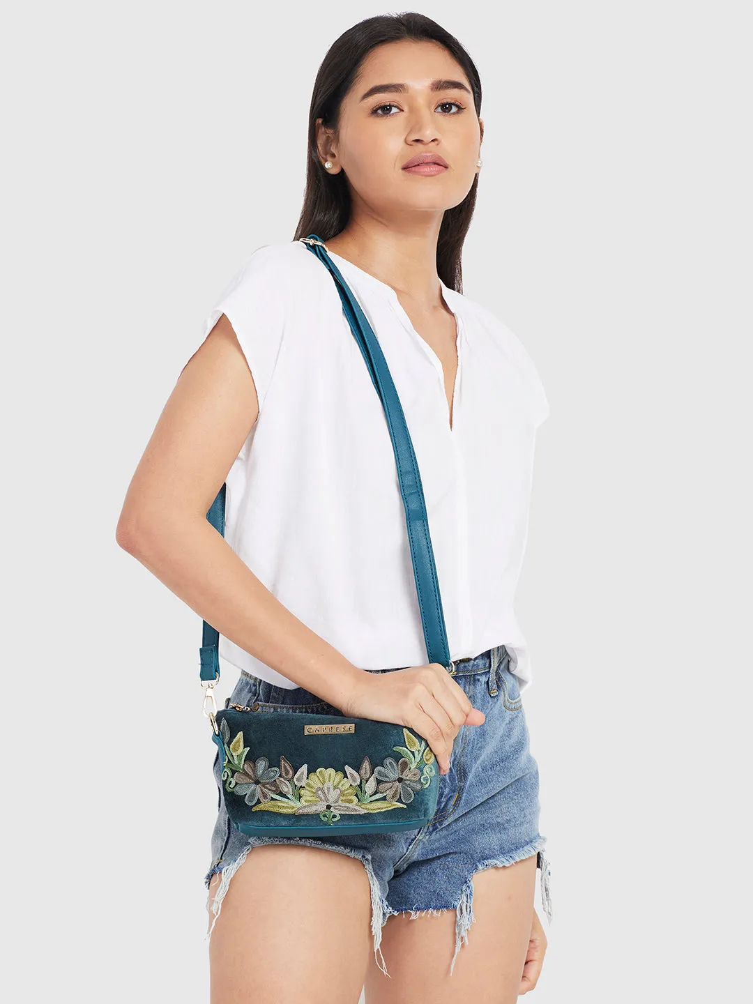 Caprese Tresna Small Embroidery Green Sling Bag