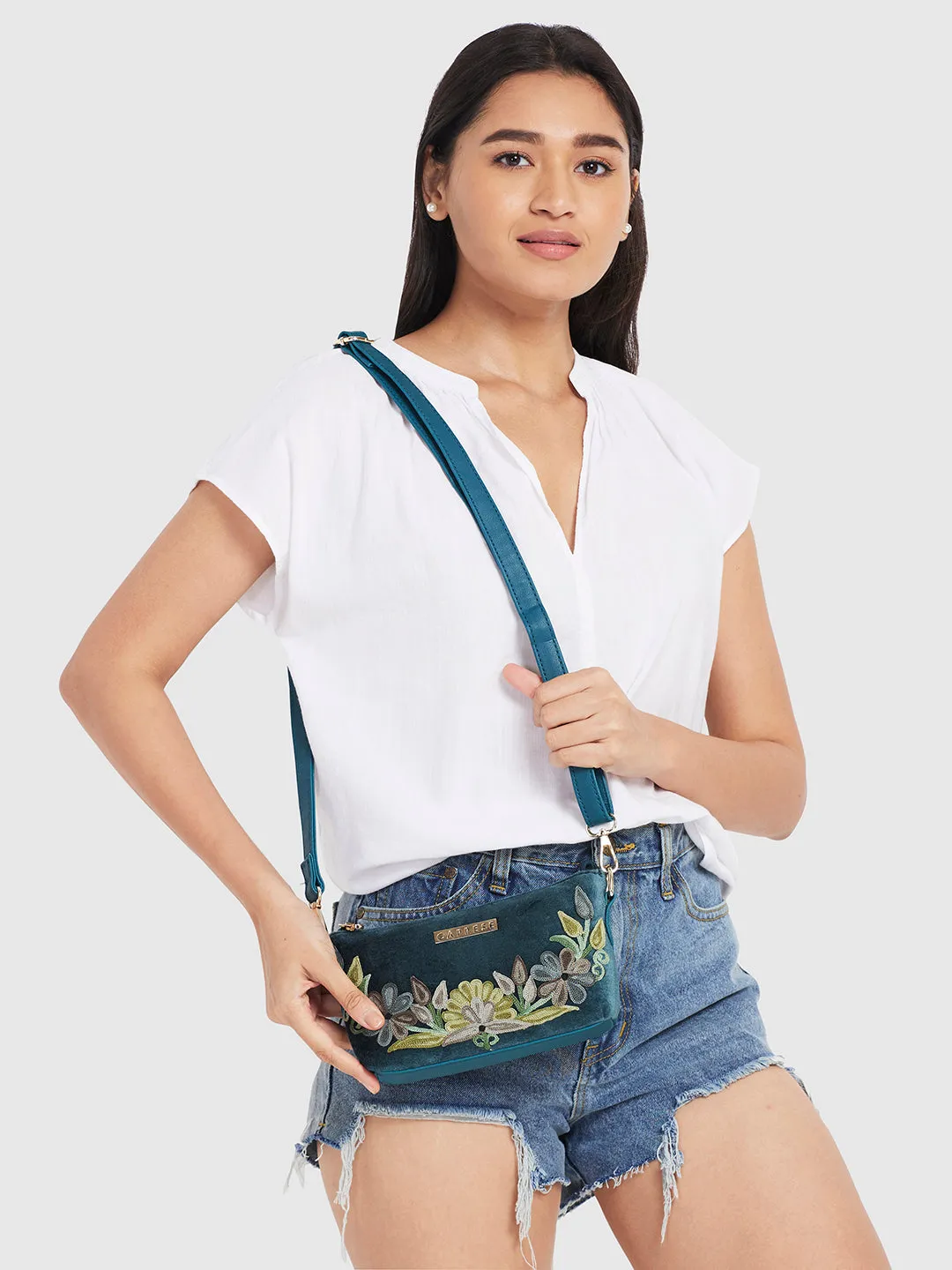 Caprese Tresna Small Embroidery Green Sling Bag