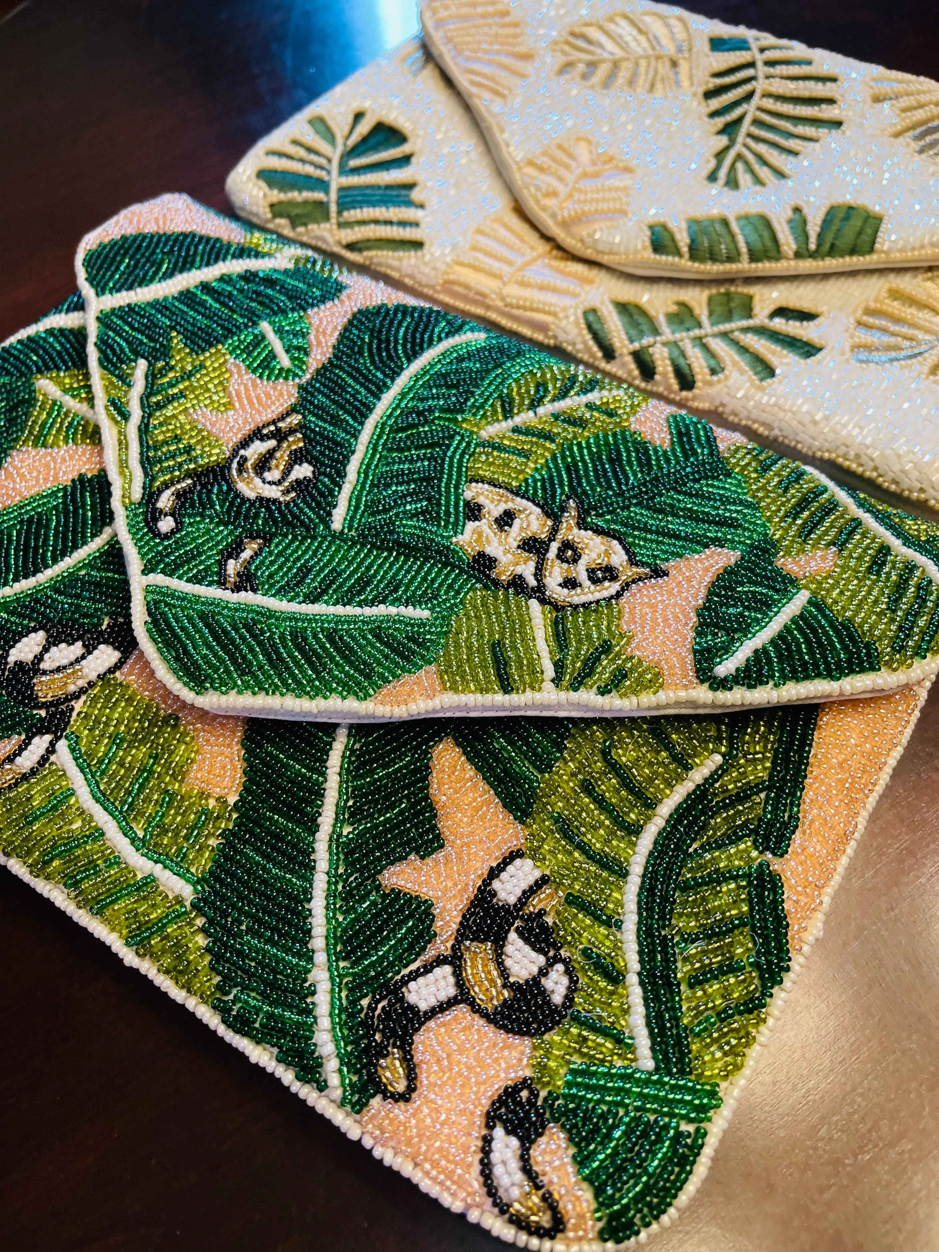 Cheetah Leaf Blush Handmade Beaded Clutch