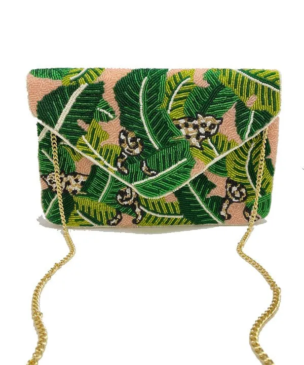 Cheetah Leaf Blush Handmade Beaded Clutch