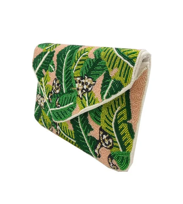 Cheetah Leaf Blush Handmade Beaded Clutch