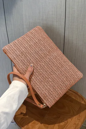 Chestnut Straw Woven Wrist Strap Zipper Large Wallet