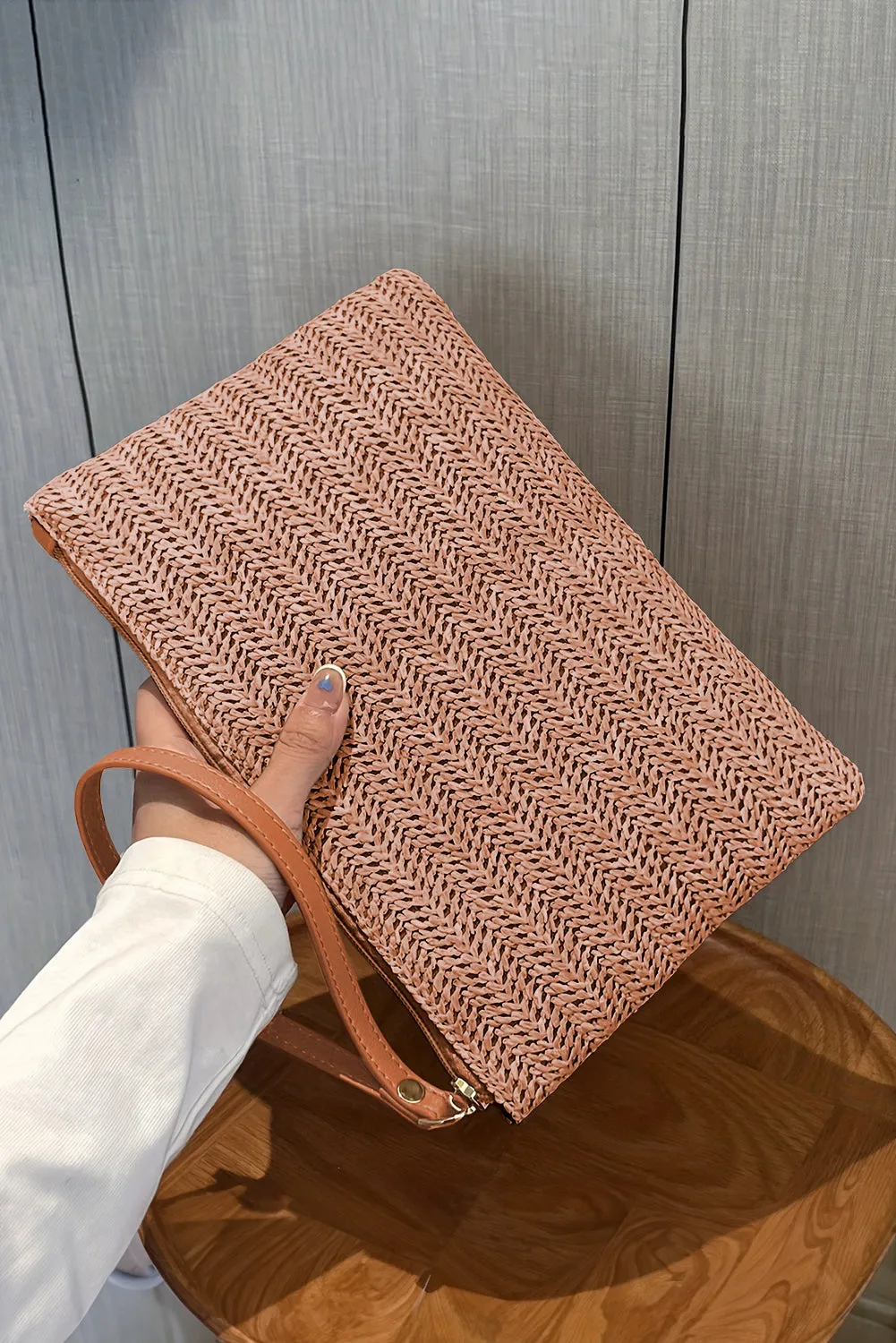 Chestnut Straw Woven Wrist Strap Zipper Large Wallet