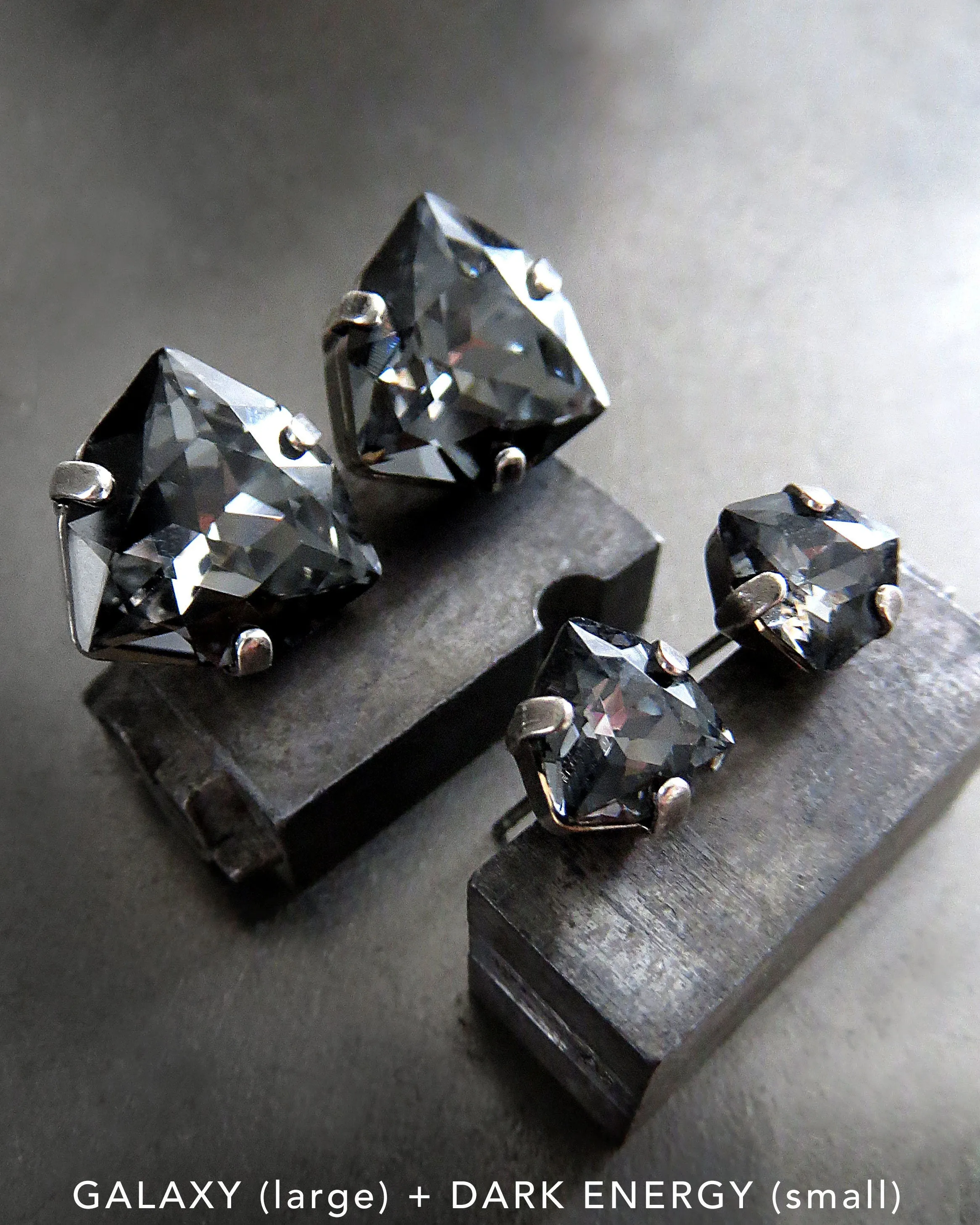 DARK ENERGY - Black Trilliant Crystal Stud Earrings, 2 Sizes