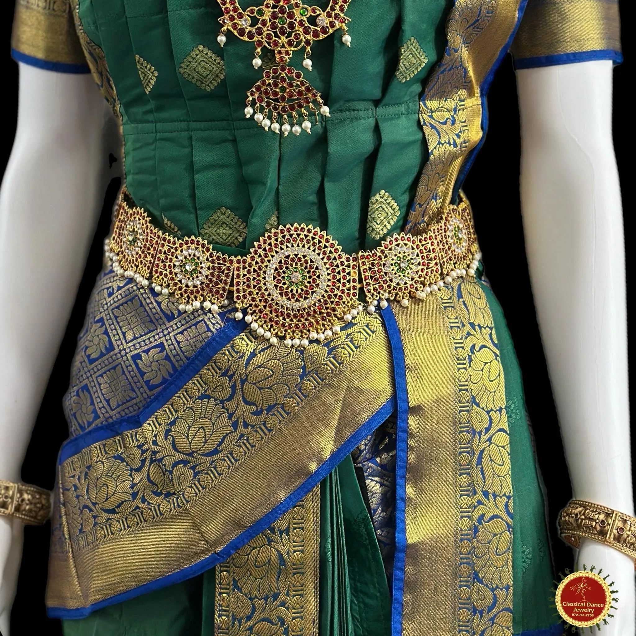 DARK GREEN BLUE 38 Inch Pant length Kuchipudi Indian Dance Costume | Art Silk, Dharmavaram, Benaras, Kanchi | Classical Dance Jewelry