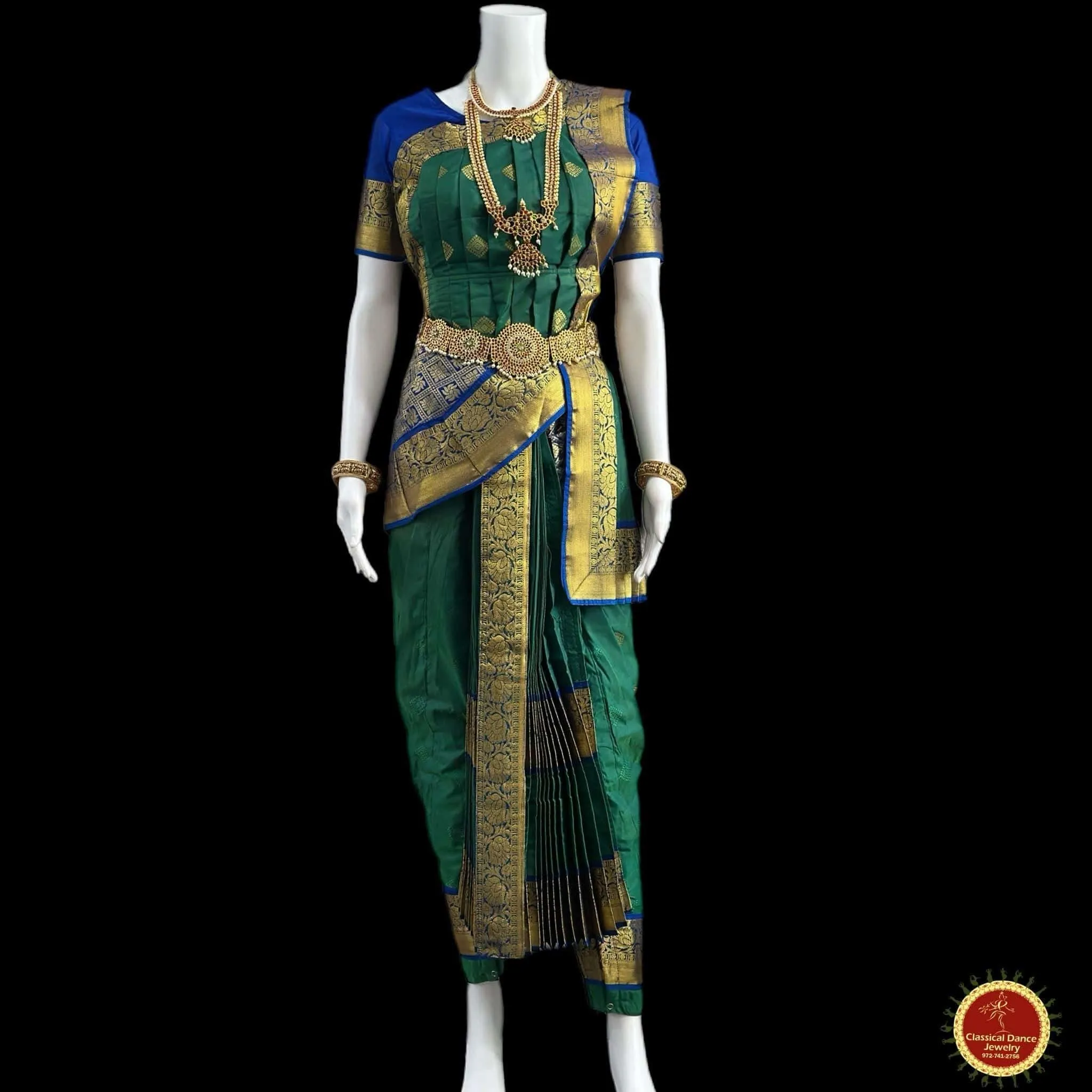 DARK GREEN BLUE 38 Inch Pant length Kuchipudi Indian Dance Costume | Art Silk, Dharmavaram, Benaras, Kanchi | Classical Dance Jewelry