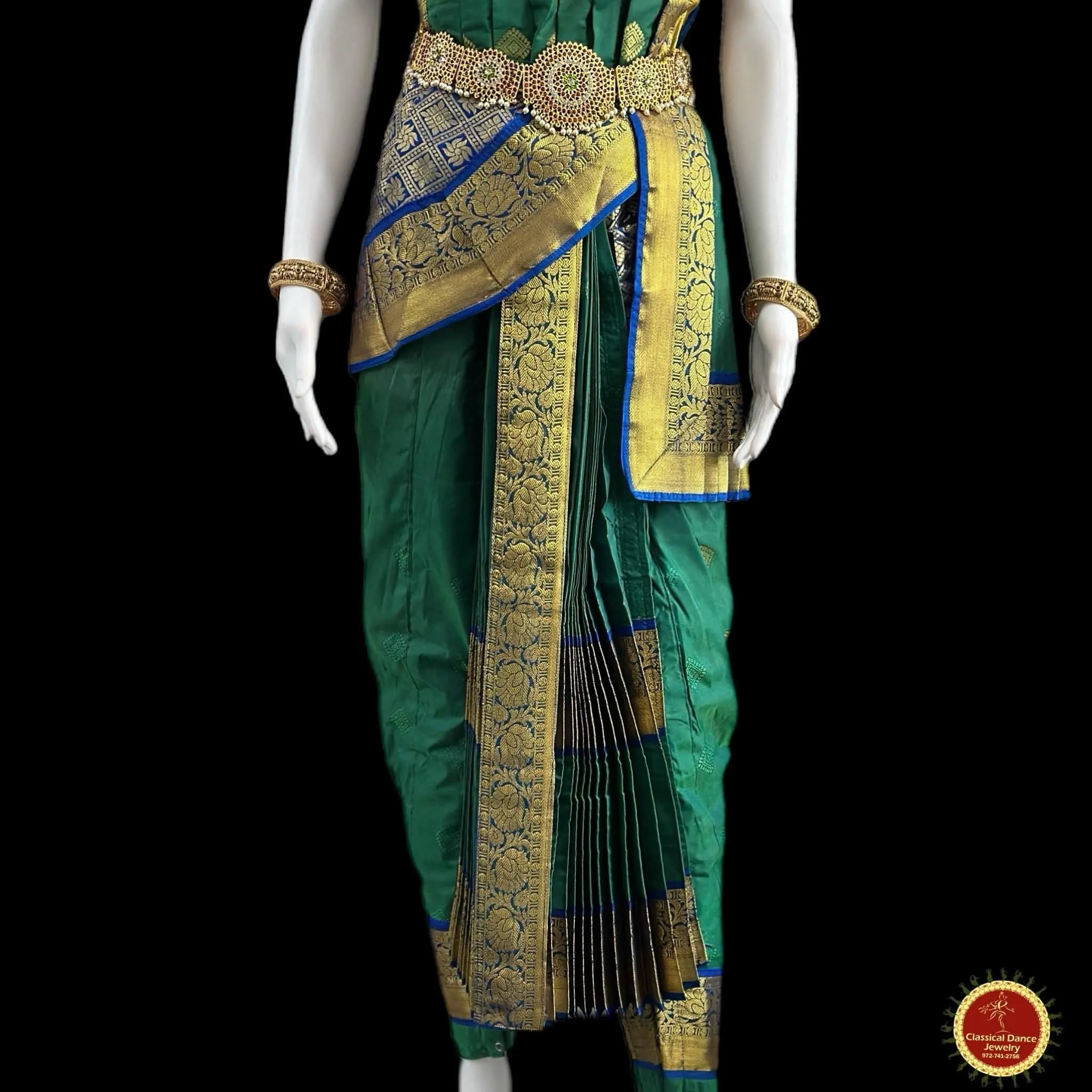 DARK GREEN BLUE 38 Inch Pant length Kuchipudi Indian Dance Costume | Art Silk, Dharmavaram, Benaras, Kanchi | Classical Dance Jewelry