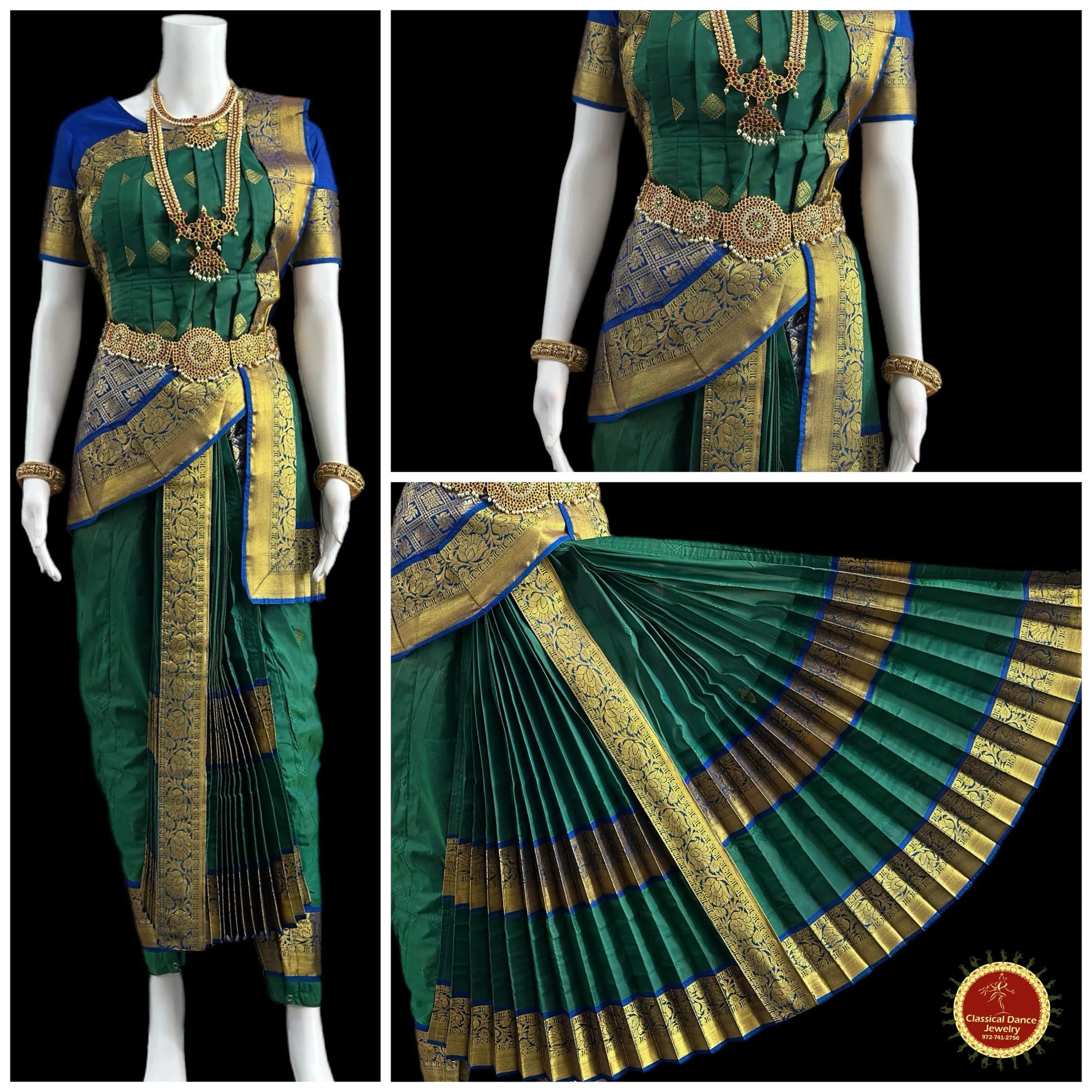 DARK GREEN BLUE 38 Inch Pant length Kuchipudi Indian Dance Costume | Art Silk, Dharmavaram, Benaras, Kanchi | Classical Dance Jewelry