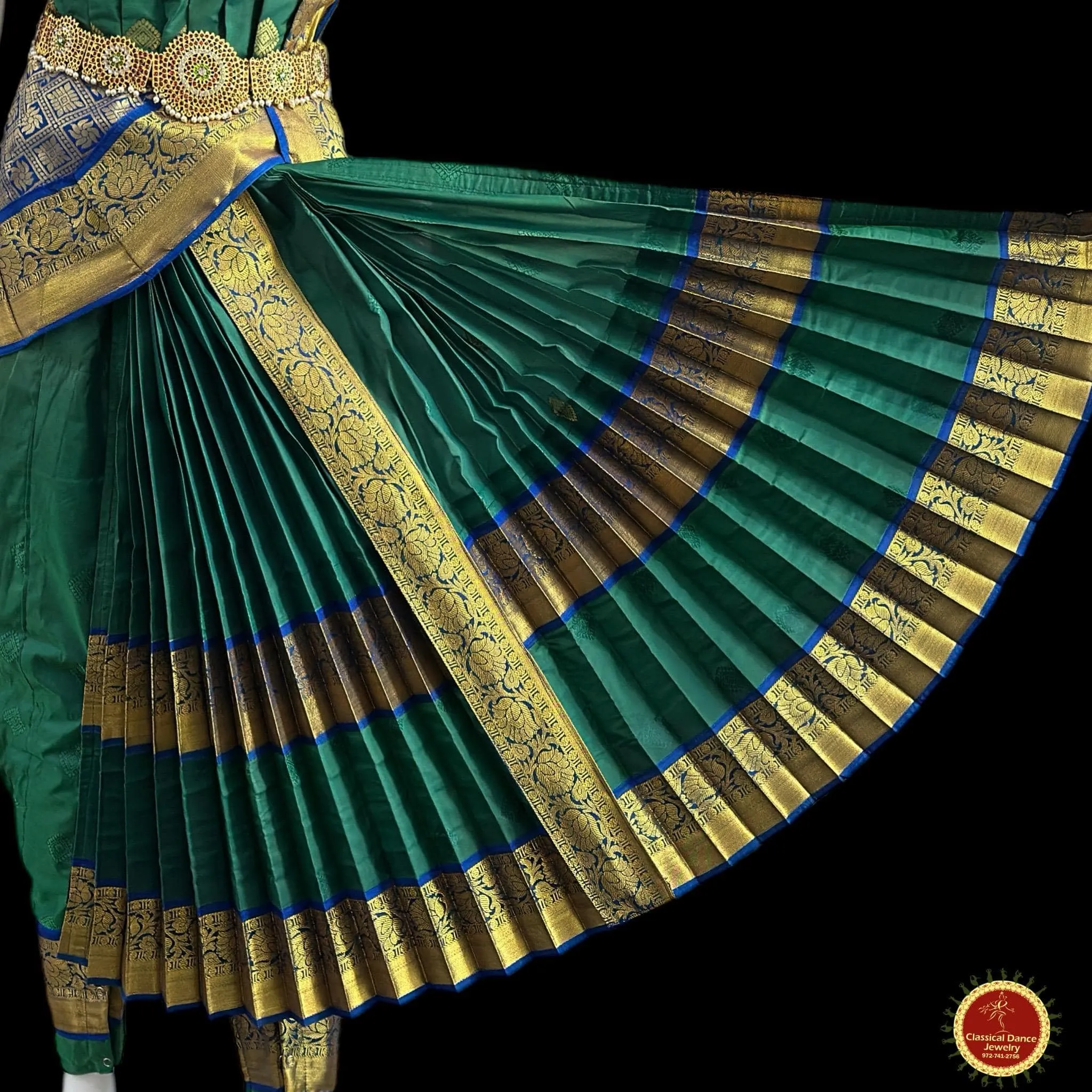 DARK GREEN BLUE 38 Inch Pant length Kuchipudi Indian Dance Costume | Art Silk, Dharmavaram, Benaras, Kanchi | Classical Dance Jewelry