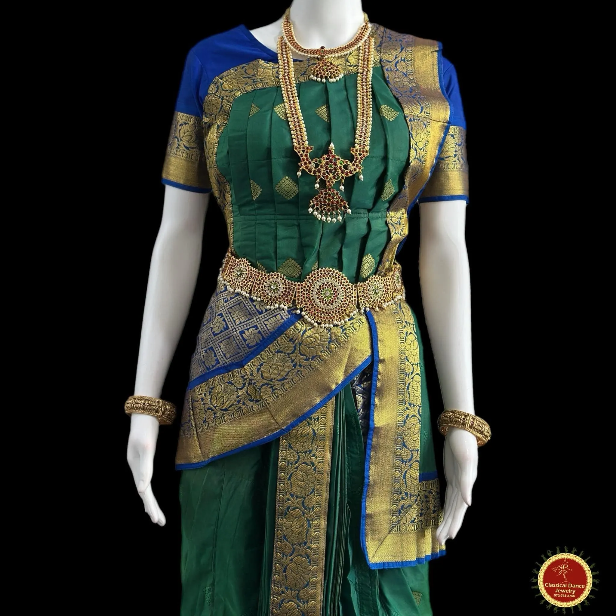 DARK GREEN BLUE 38 Inch Pant length Kuchipudi Indian Dance Costume | Art Silk, Dharmavaram, Benaras, Kanchi | Classical Dance Jewelry